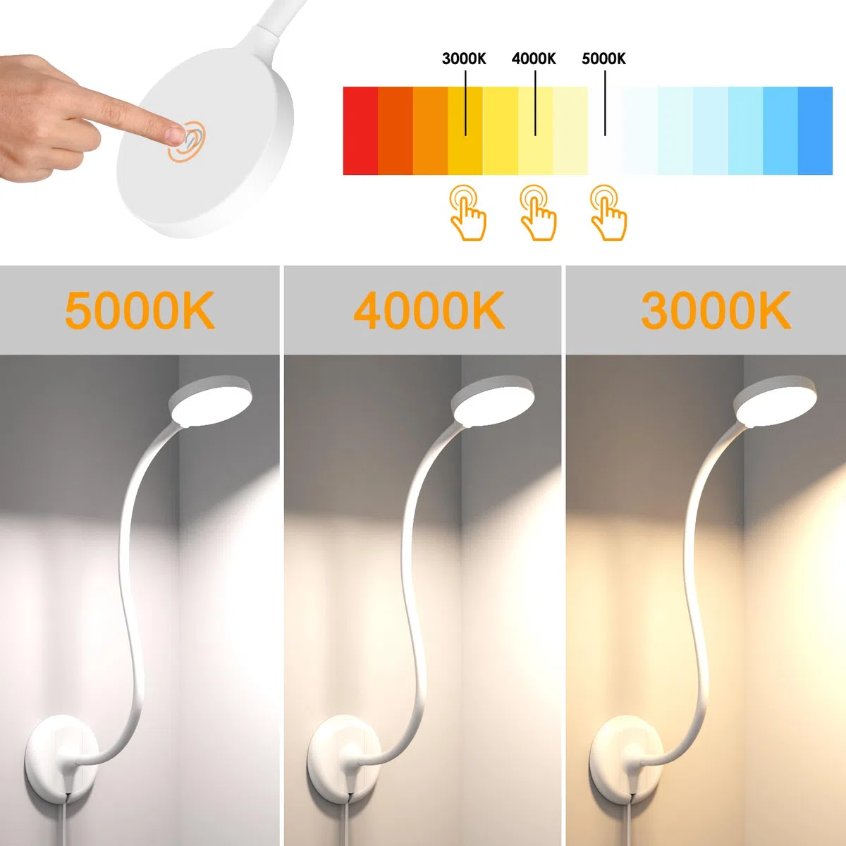 ENUOTEK Lampada da Lettura Bianca, Lampade da Parete con Braccio Flessibile Touch Dimmerabile con Base e Cavo USB da 1.8 Metri, 3 Colori di Illuminazione, Funzione di Memoria