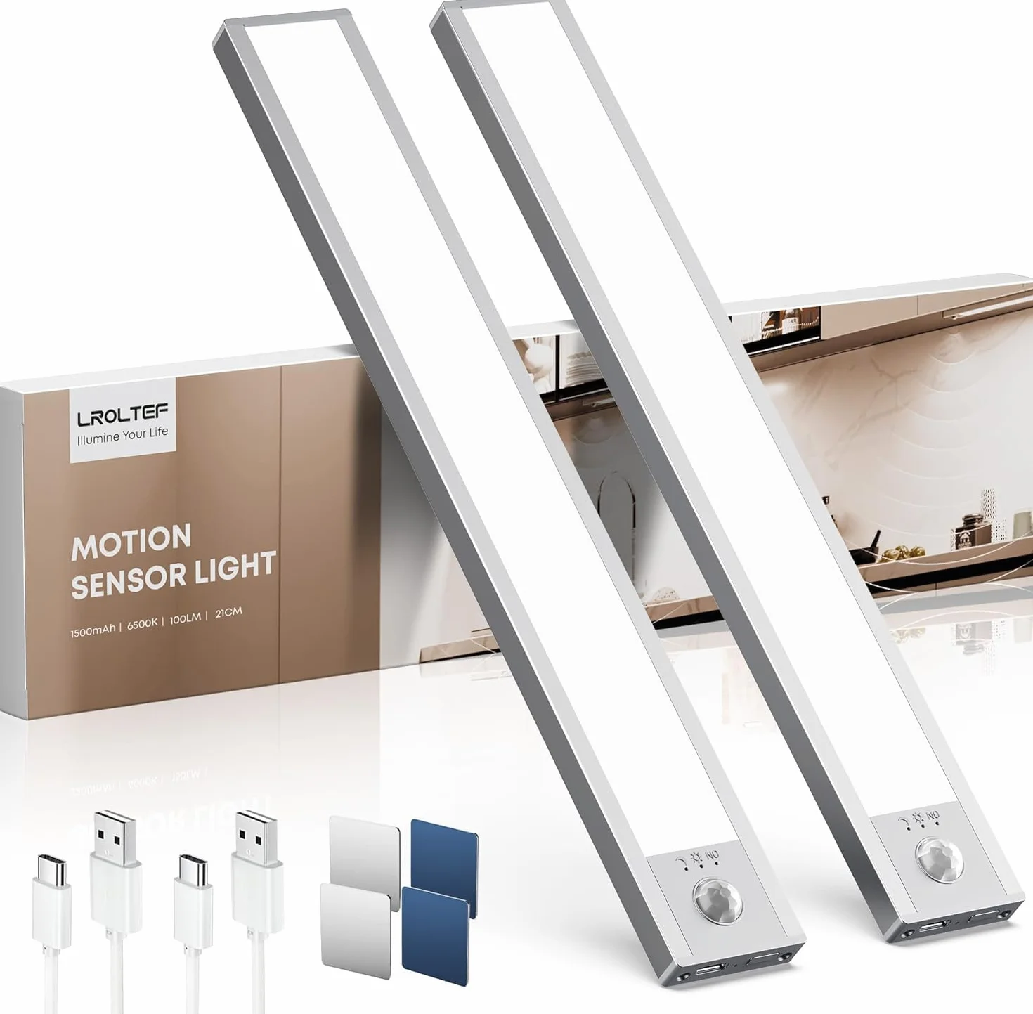 LROLTEF Luce LED Sottopensile Cucina 6500K 21CM Sensore di Movimento per Luci 1500mAh 32 LED Luce Armadio Lampada Dimmerabile per Cucina Scale Soggiorno Bagno Camere da Letto | 2 Pezzi Argento
