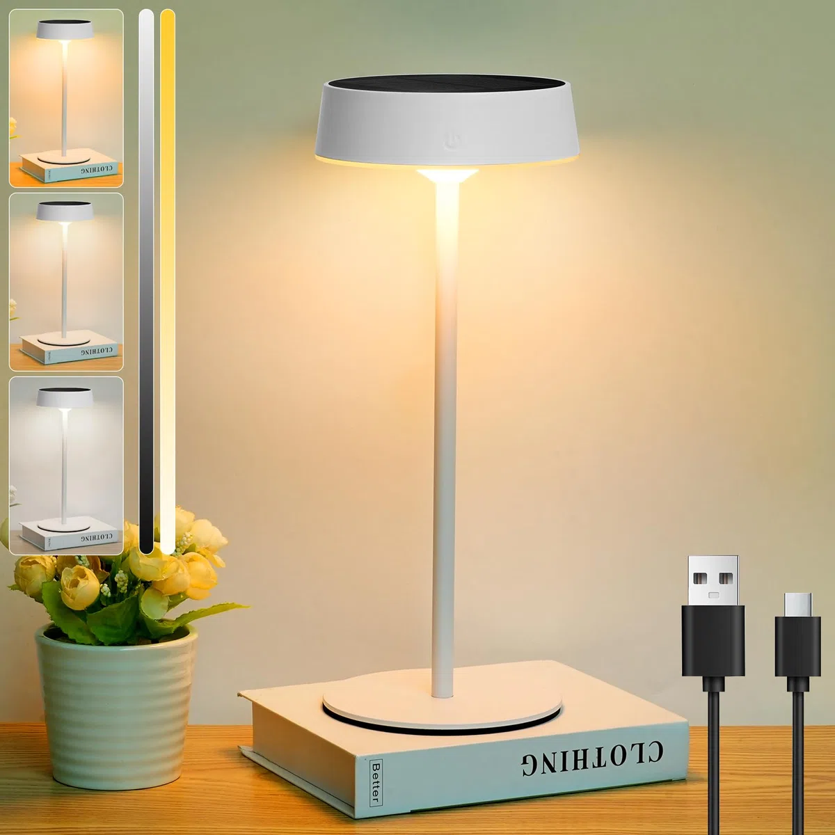 HOTUT Lampada da Tavolo Solare LED Dimmable all'aperto, Lampada da Tavolo a LED Senza Fili per Interni ed Esterni, Carica Solare e USB 2 in 1, IP65 Impermeabile, per Giardino Campeggio Camera da Letto