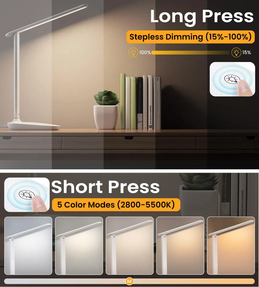 Lampada da Scrivania,5 Colore Lampada da Scrivania con Filo,Timer/Dimmer Infinito/Tocca Controllo,Lampada da Tavolo con Porta 5V/1A,Lampada Scrivania LED per PC,Studiare,Lettura,Disegno,DIY