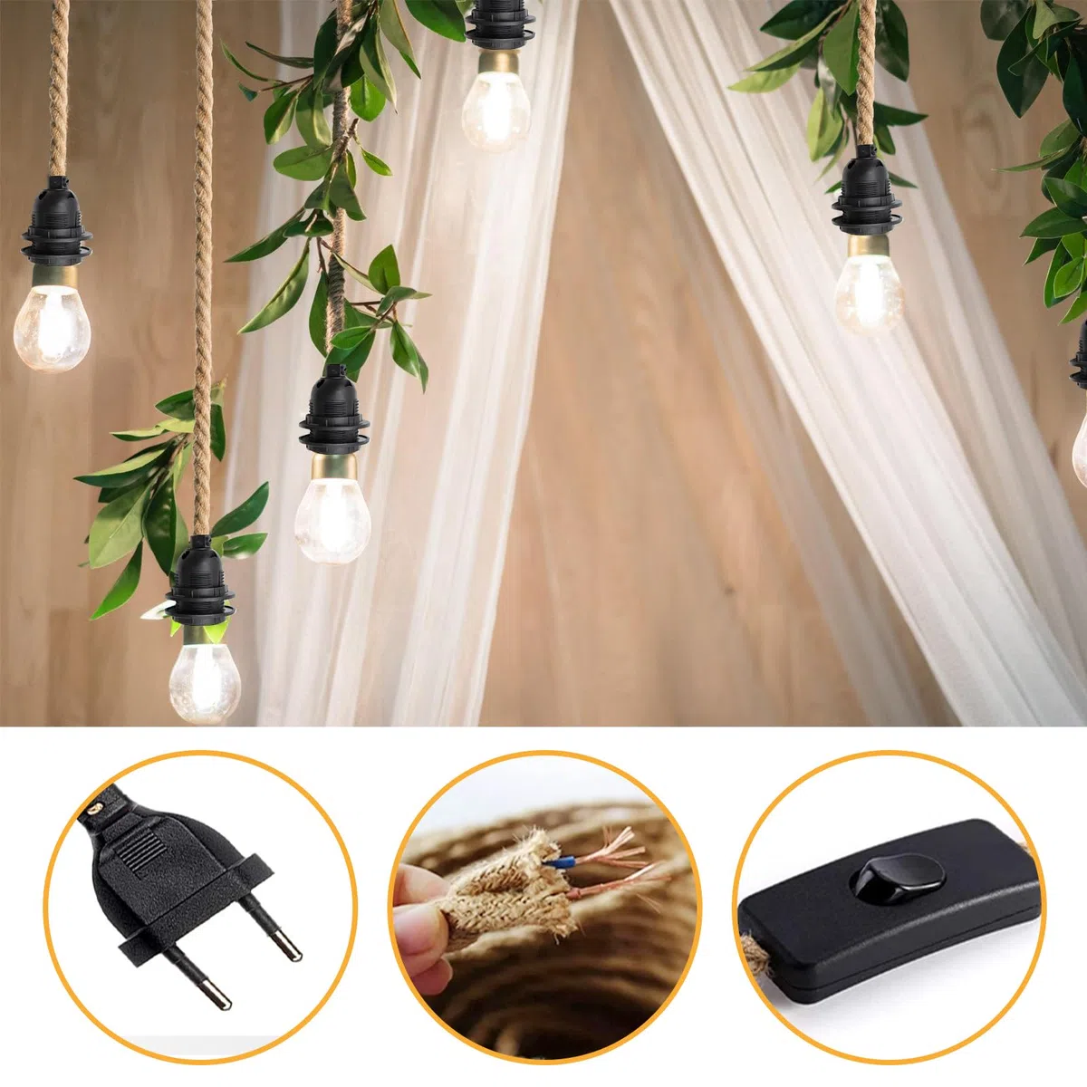 BYZESTY Hanging Kit di Lampade In Corda di Canapa, 3 m Portalampada E27 con Spina E Interruttore, Testa Singola Lampada a Sospensione Cavo Edison Retrò Lampada per DIY Portalampade a Decor