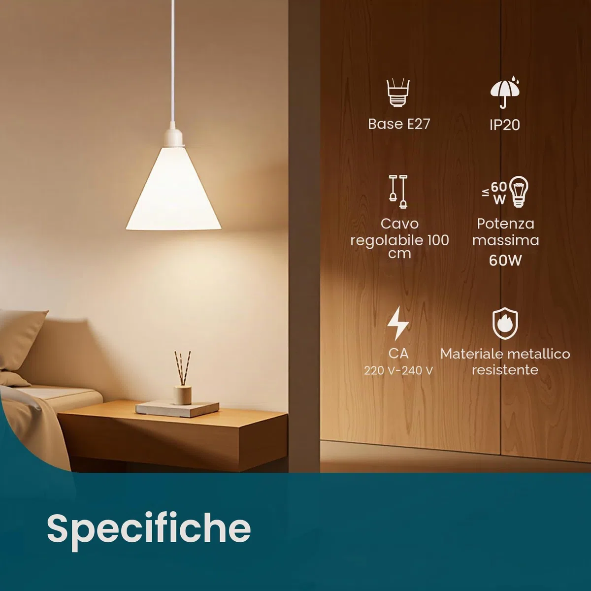 Linkind Portalampada E27 in Metallo, Lampada a Sospensione con Cavo(100CM Altezza Massima Regolabile) e Anello Filettato, Portalampada Compatibile con Paralume(Bianco)