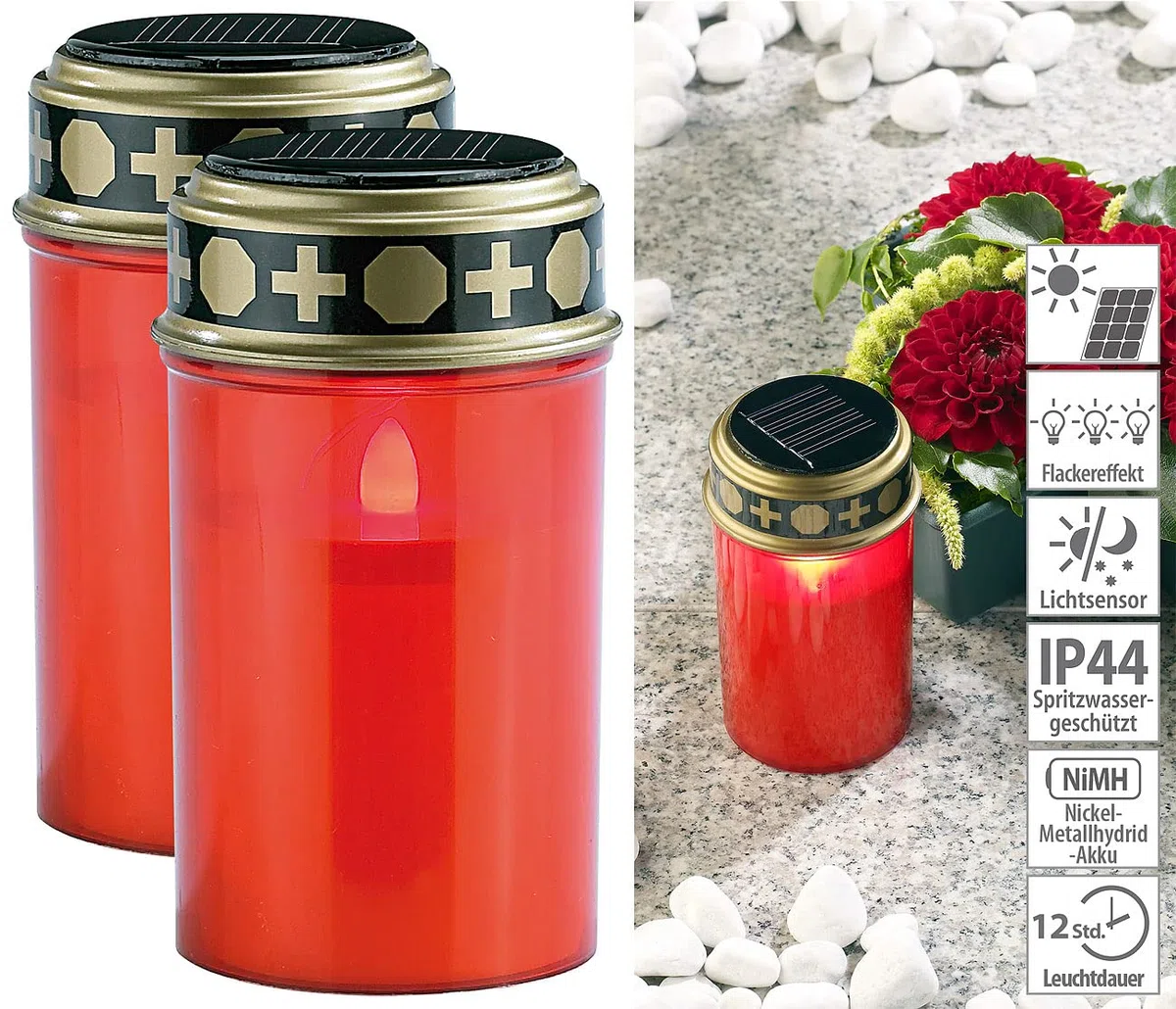Pearl fari da Lavoro: Set da 2 Pezzi Luci LED solari per cimitero, con Luce Continua, Candlelight-LED, Pannello Solare (Lampada Solare per Tomba, Luce Tomba con Lanterna, Candela)