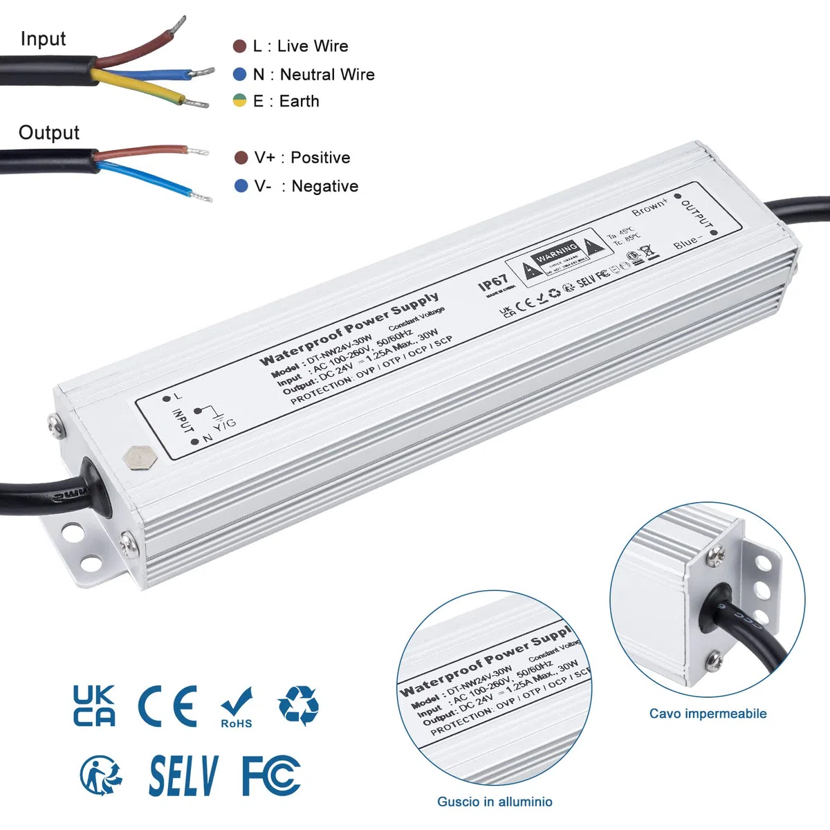 IP67 Impermeabile Trasformatore LED 24V 30W Alimentatore 1.25A, Trasformatori 220V a 24V DC Slim Tensione Costante Switching Driver, per Striscia Lampadine G4 GU5.3 MR11 MR16