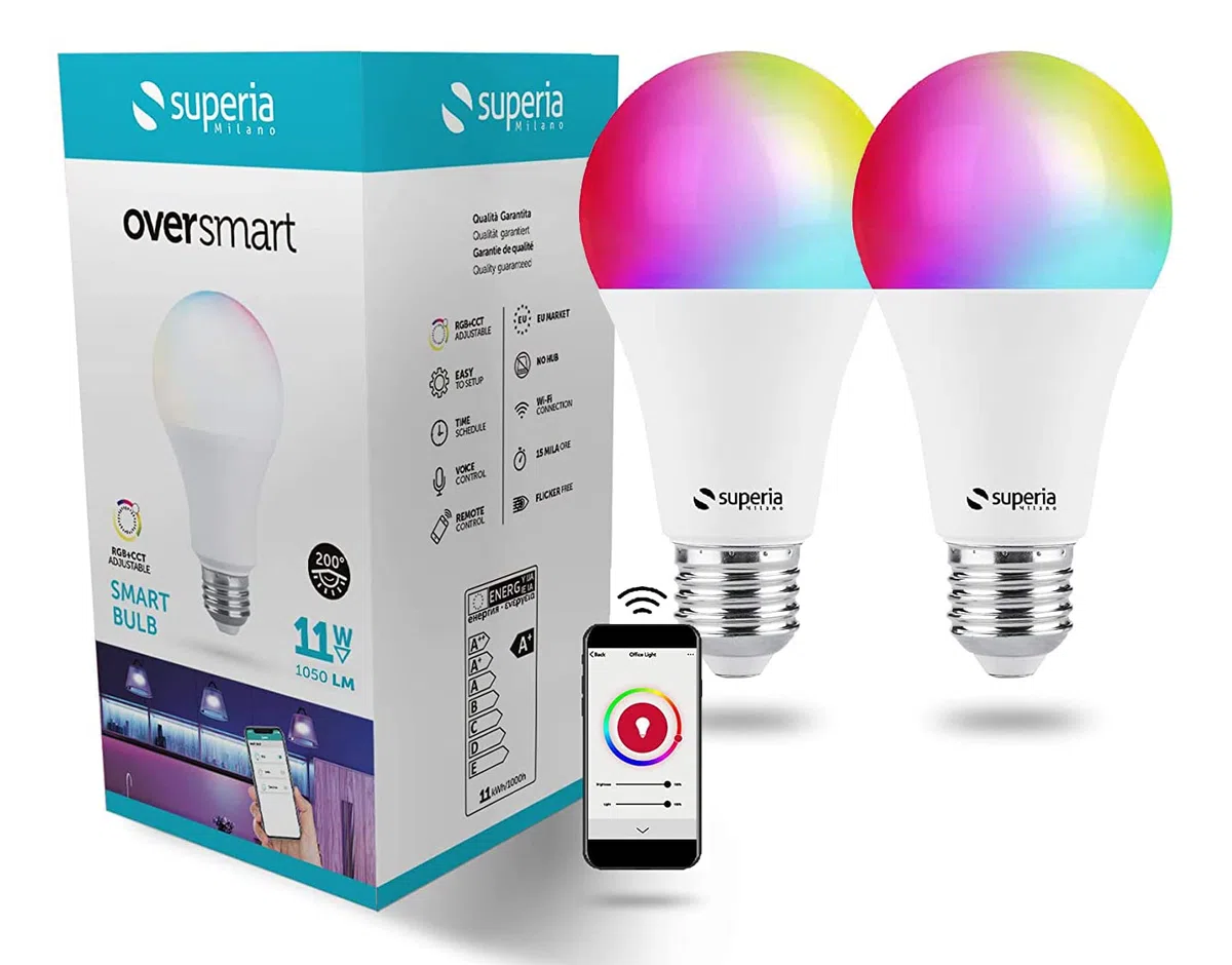 Superia Milano Lampadina SMART RGB + Bianco regolabile (2700K - 6500K) dimmerabile, Wi-Fi, Compatibile con Google Home, Alexa, E27, 11W, 1050lm, 2 Pezzi, KCCT2
