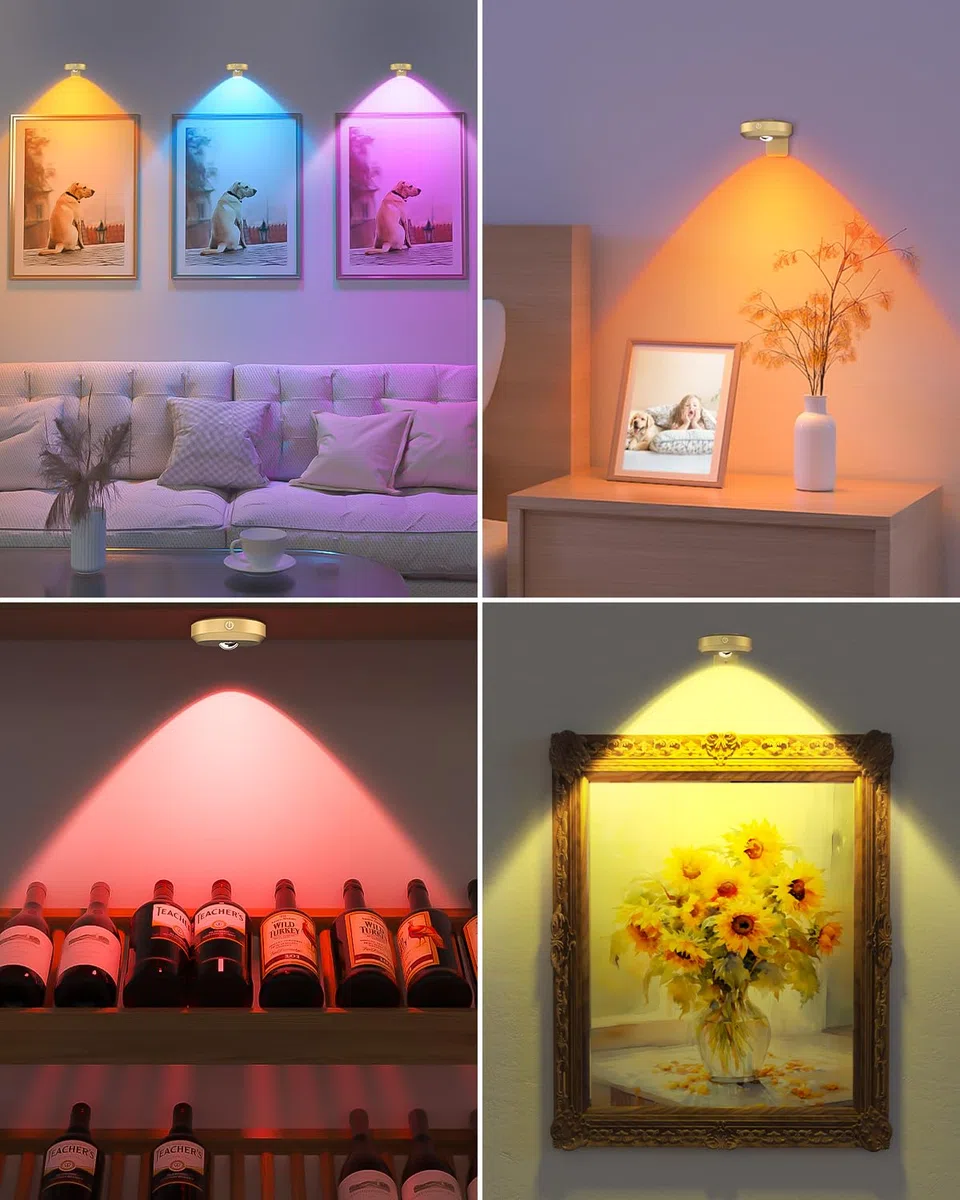WILLED Luce Per Quadri Senza Filo Ricaricabile, RGB Faretto per Quadri a Batteria, Applique LED da Parete, Quadri Lampada, Applique Quadro Luci per Esposizione Pittura Vetrina（3 Pezzi, Oro）