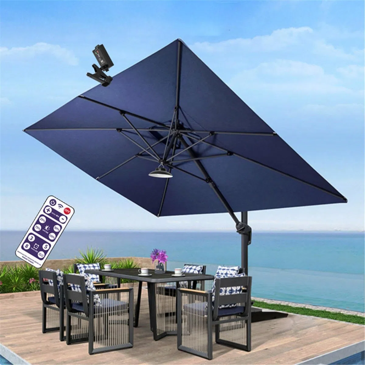 Luce per ombrello, luci solari per ombrellone, con telecomando, impermeabile, alimentata a energia solare, con clip, LED, ricaricabile, per patio, campeggio, escursionismo, giardino, decorazione per