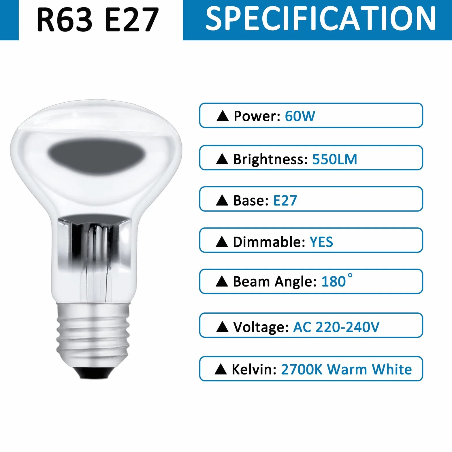 SCNNC Lampadina Riflettore E27 R63 AC220-240V Dimmerabile, 550LM Bianco Caldo 2700K Lampadina Faretto R63 E27 Lampadine per Lampada Lava, Plafoniera, Lampadario, Confezione da 5