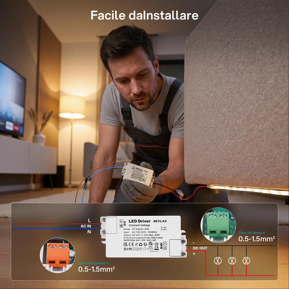 REYLAX Trasformatore LED 24V, Alimentatore 30W 1.25A, Alimentatore Interruttore AC 220V to DC Trasformatori, Driver LED di Tensione Costante, per Bassa Tensione Striscia Led Lampadina MR16 MR11