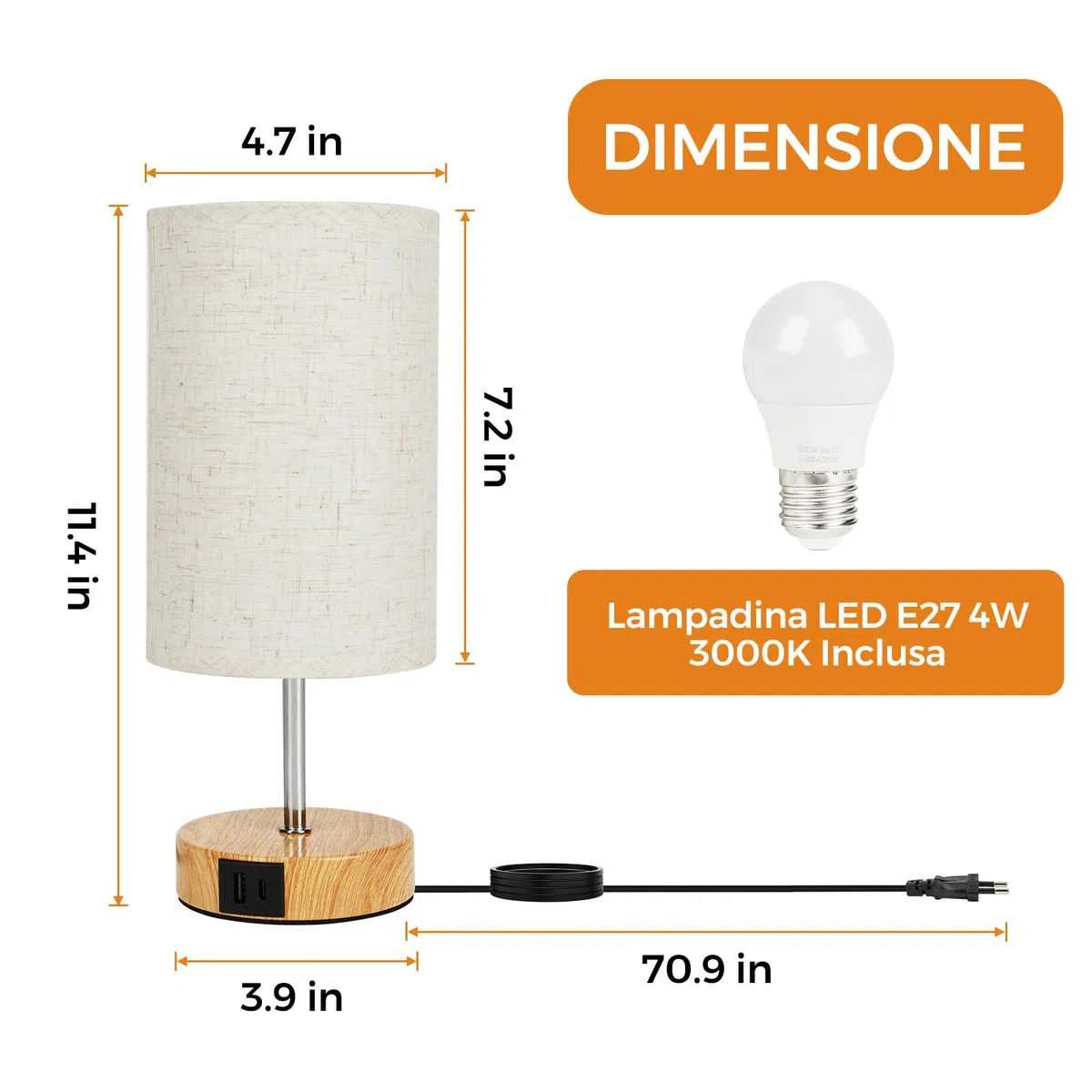 Suright Lampada da Comodino Touch Dimmerabile, Lampada da Tavolo con Porte di Ricarica USB A+C, Paralume in Tessuto di Lino, Abat Jour da Comodino per Camera da Letto Soggiorno (Lampadina Inclusa)