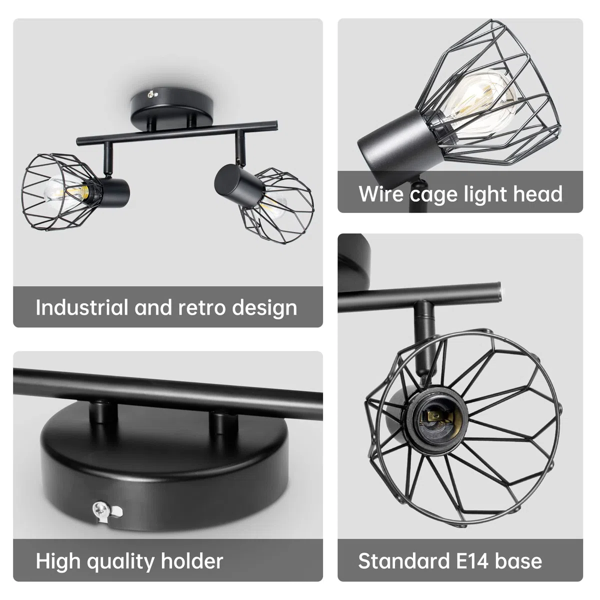 Faretto Led Interno da Soffitto Nero, Lampada Vintage Industriale E14, Luci da Soffitto per 2 Lampadine E14 non Incluse, Faretti da Parete Orientabili per Soggiorno Camera da Letto, Max 40W