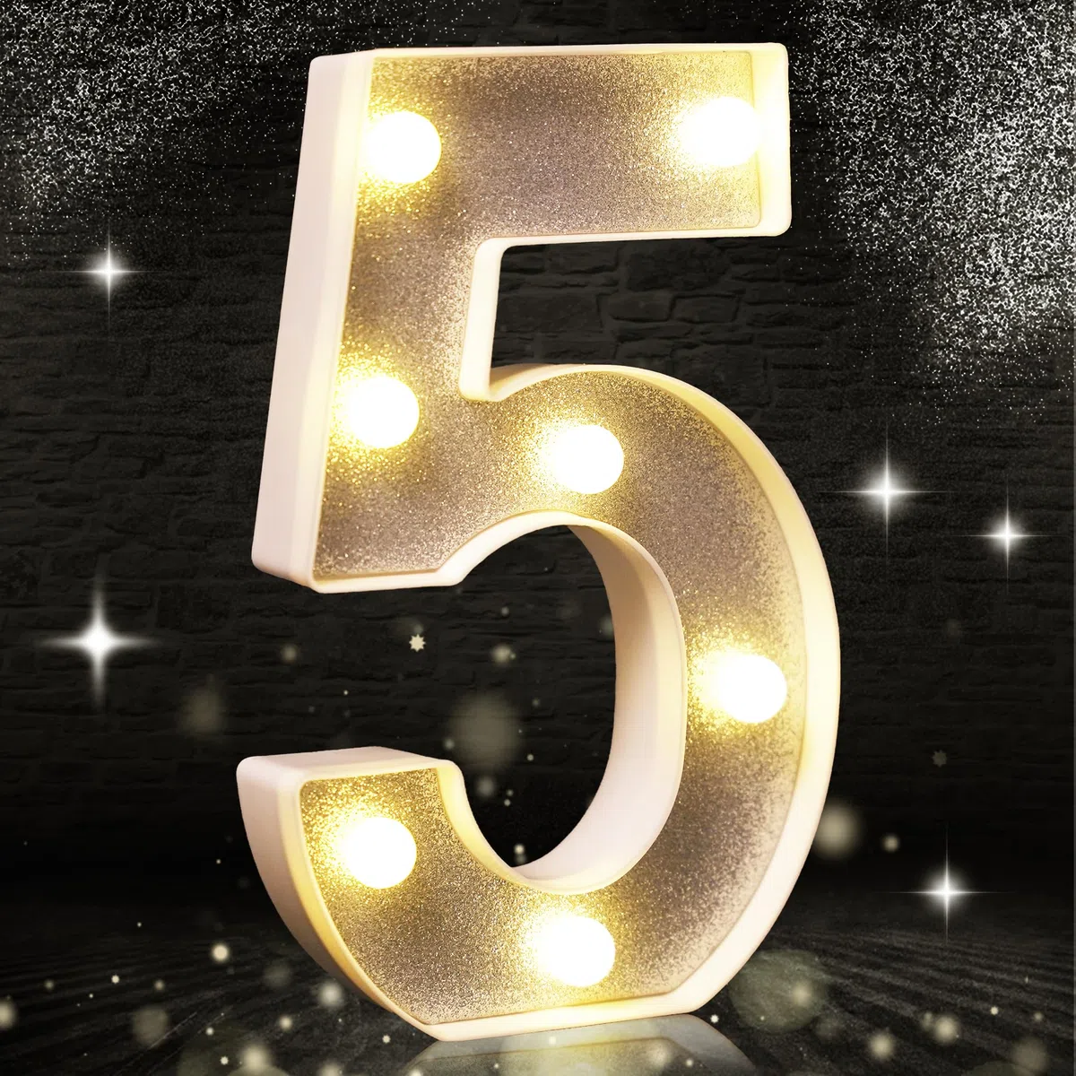 Numero 5 argento glitterato decorazione LED luci con numero, adatti per feste di compleanno, baby shower, sfondo matrimonio e decorazione della casa, 21 cm