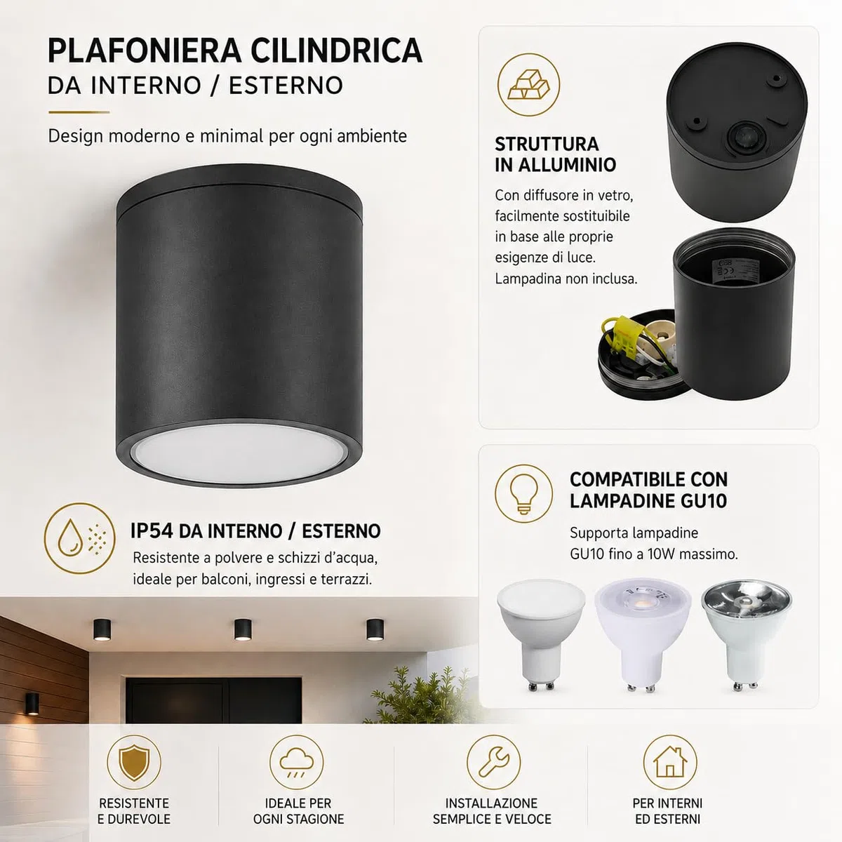 Dopa Dopastore Faretto da Soffitto con Attacco GU10 Cilindro Spot dal Design Moderno in Alluminio Portalampada IP54 Per Esterni Interni (Nero)
