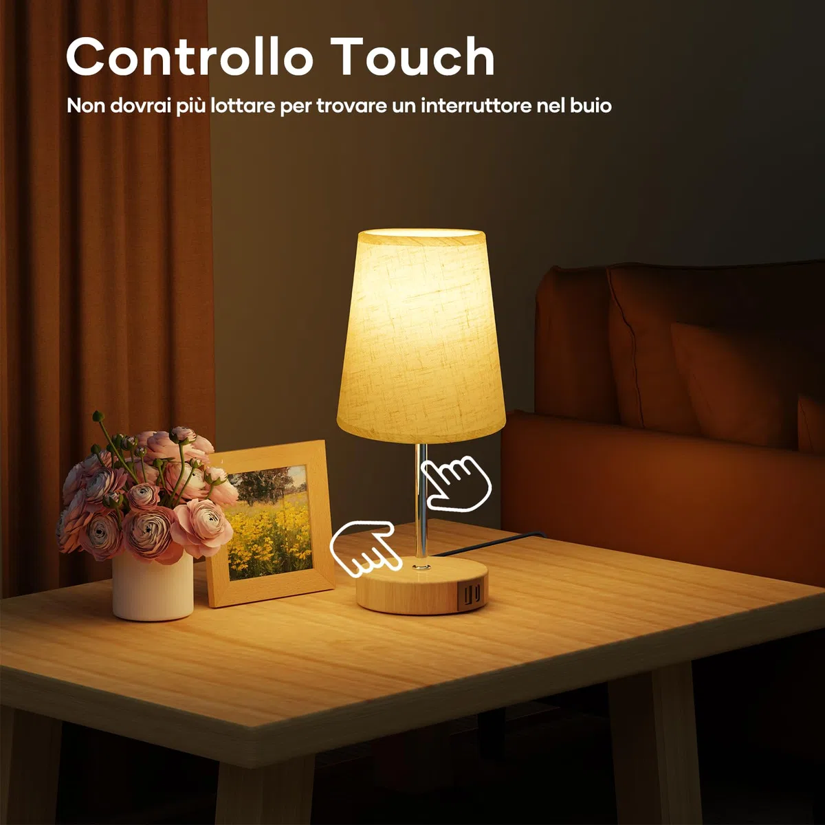 Suright Lampada da Comodino con Controllo Touch e 3 Livelli di Luminosità, Abat Jour da Comodino con Porte di Ricarica USB A+C, Lampada da Tavolo per Camera da Letto Soggiorno (Lampadina Inclusa)
