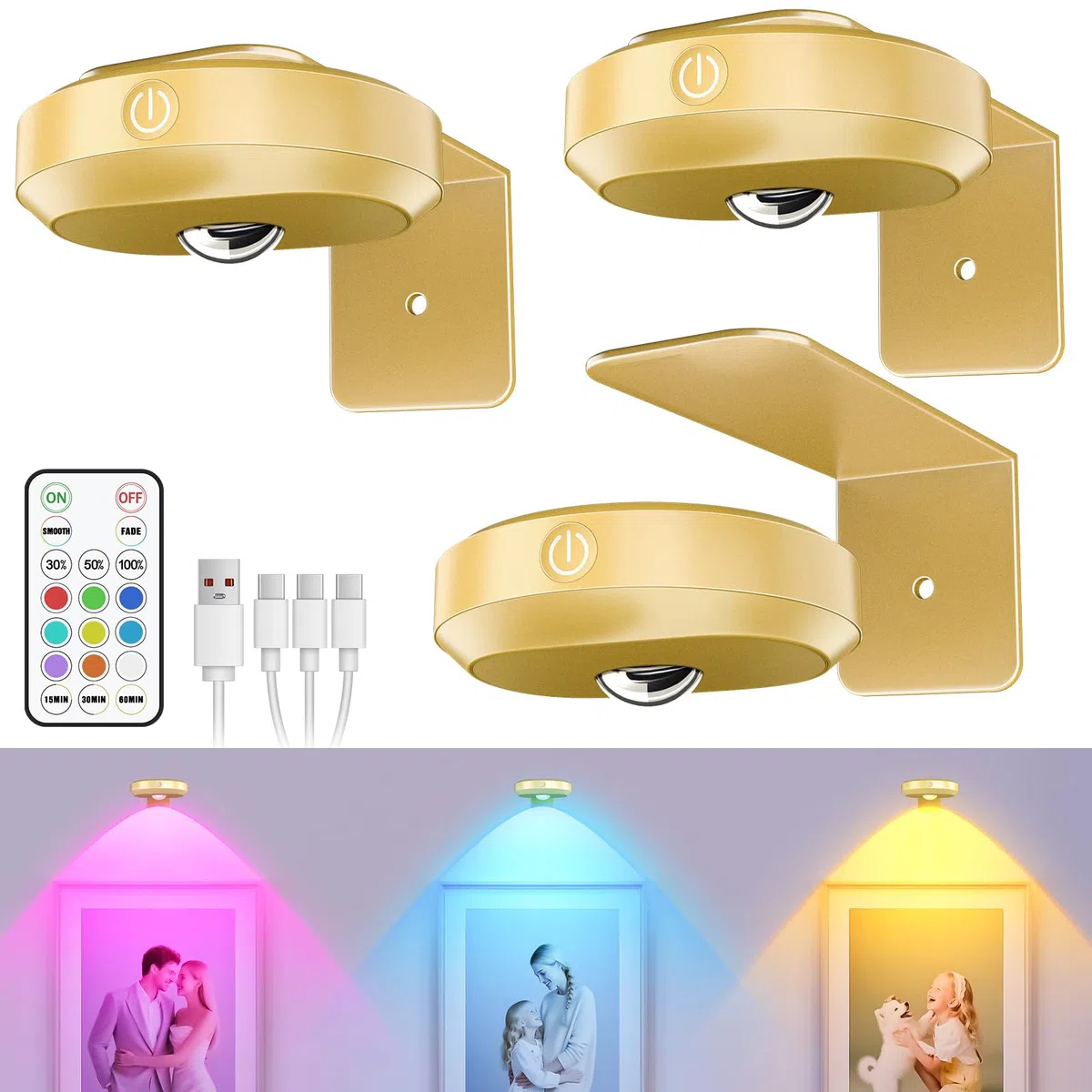 WILLED Luce Per Quadri Senza Filo Ricaricabile, RGB Faretto per Quadri a Batteria, Applique LED da Parete, Quadri Lampada, Applique Quadro Luci per Esposizione Pittura Vetrina（3 Pezzi, Oro）
