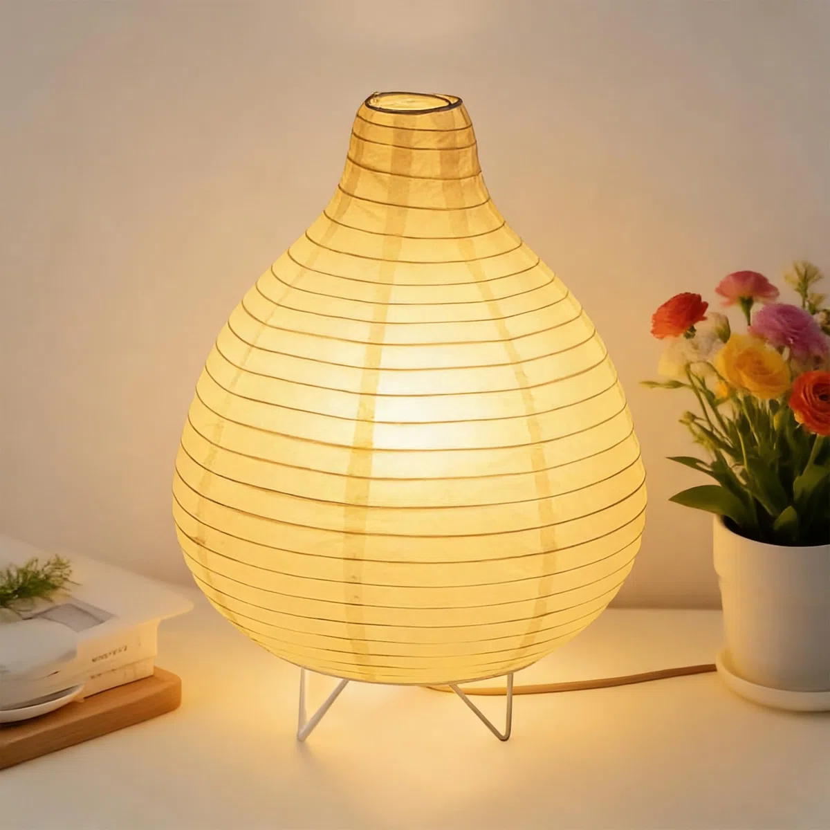 Paralume in carta di riso, lampada da tavolo, lampada da comodino, lampada da tavolo, paralume con attacco E14, interruttore e lampadina, paralume di ricambio da 1,8 m, altezza 25 cm