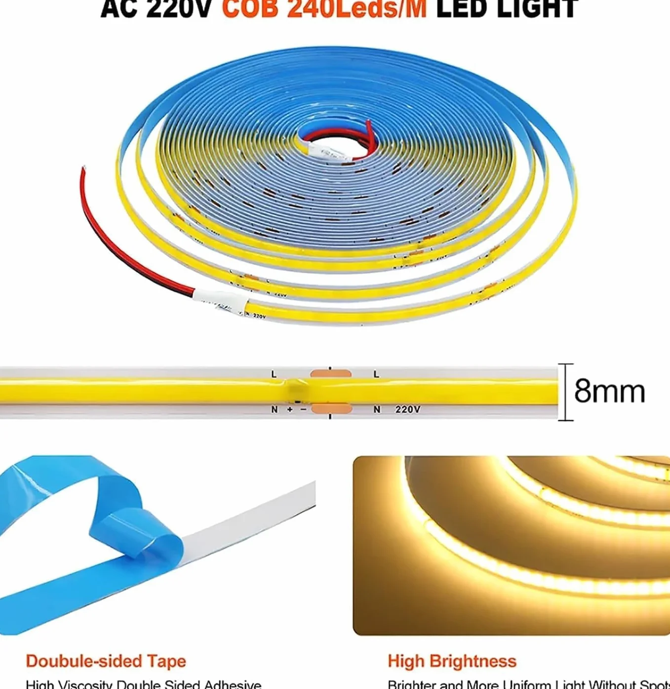 Striscia LED COB da 220 V, flessibile, Smart IC, senza necessità di driver, ad alta luminosità, 296 LED, illuminazione lineare RA90, 4000 K, bianco naturale, 10 m