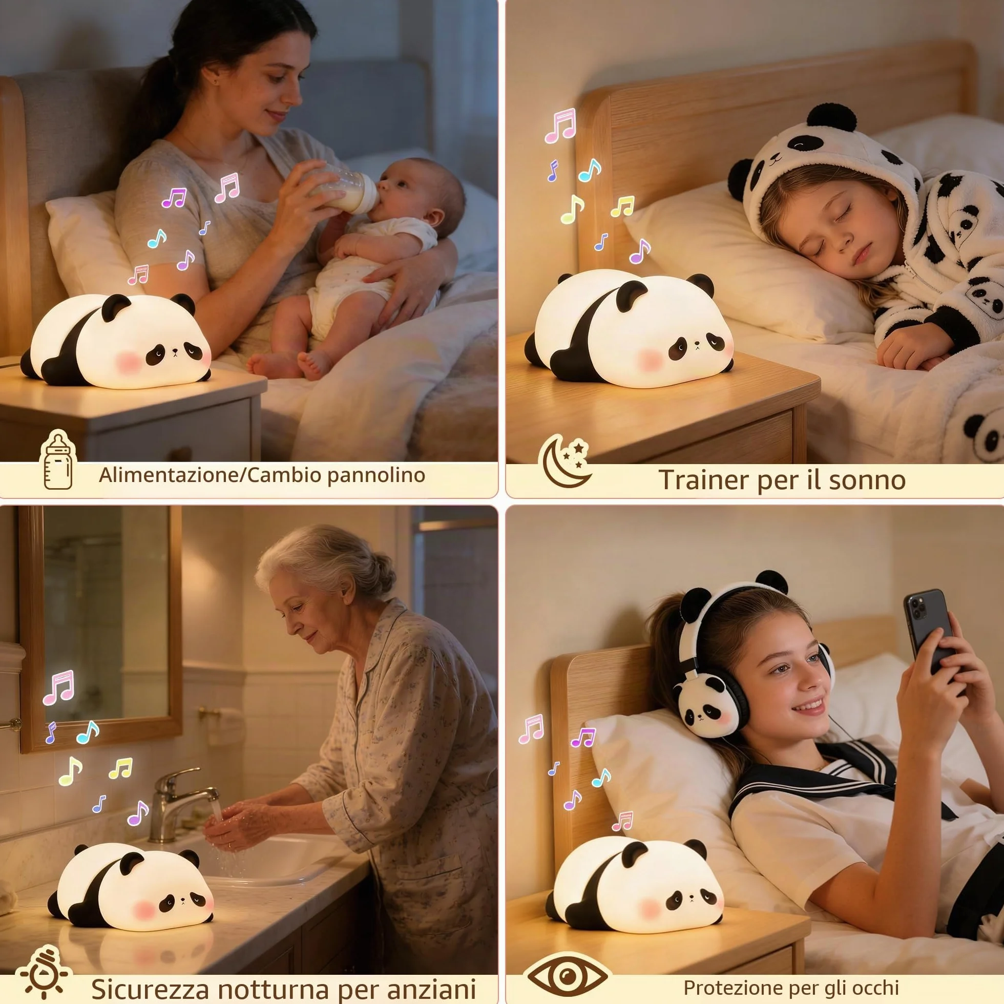 FAMIDUO Luce Notturna Bambini Panda - Rumore Bianco, 4 Suoni Rilassanti per Dormire, Lampada da Comodino Silicone con Timer, Dimmerabile, Regalo Simpatico a Forma di Panda per Bambini,Maschi e Femmine