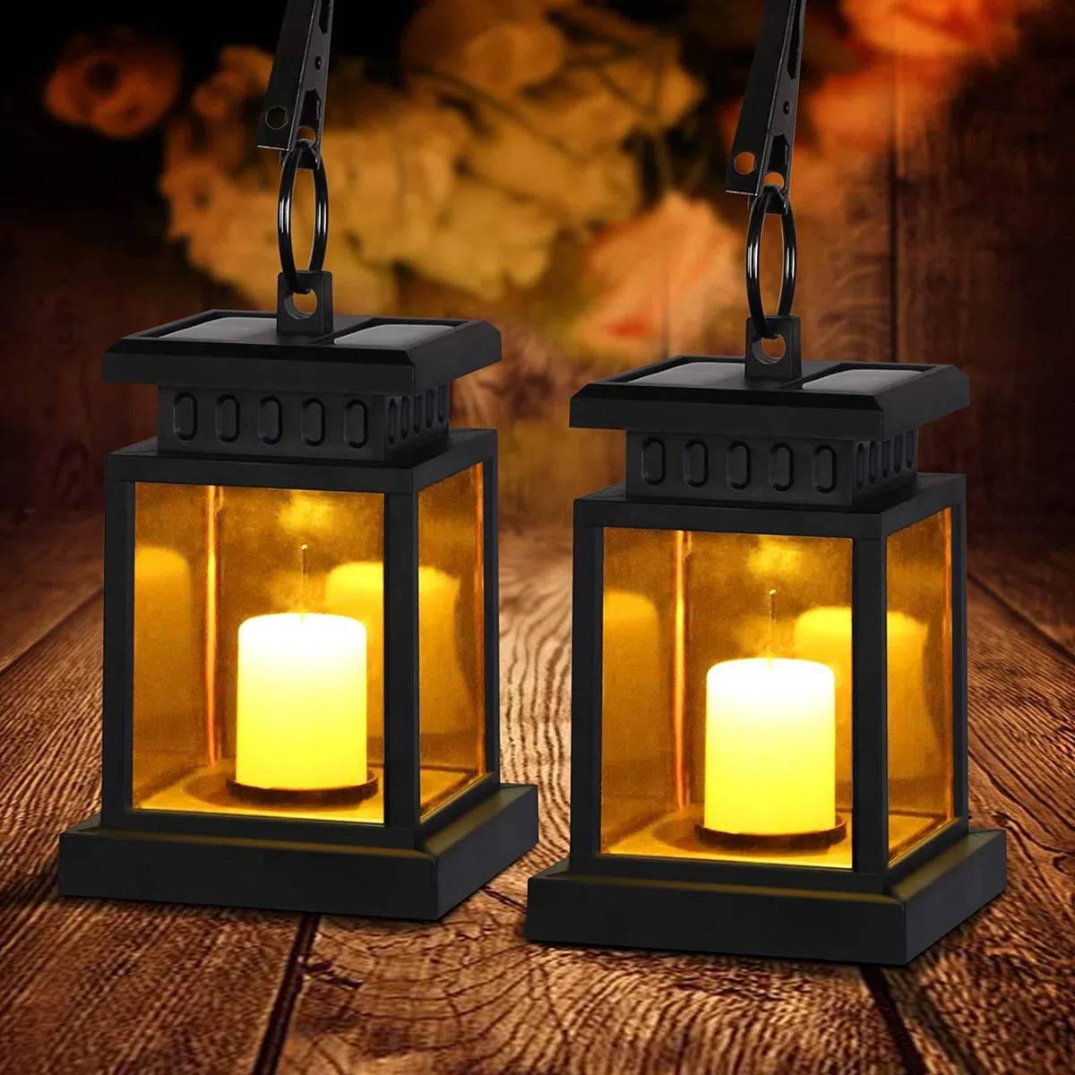 2 lanterne solari per esterni con candela a LED, lanterna solare a LED, lampada solare per esterni, effetto tremolante, lanterna a LED solare con candele, lampada decorativa per giardino, terrazza