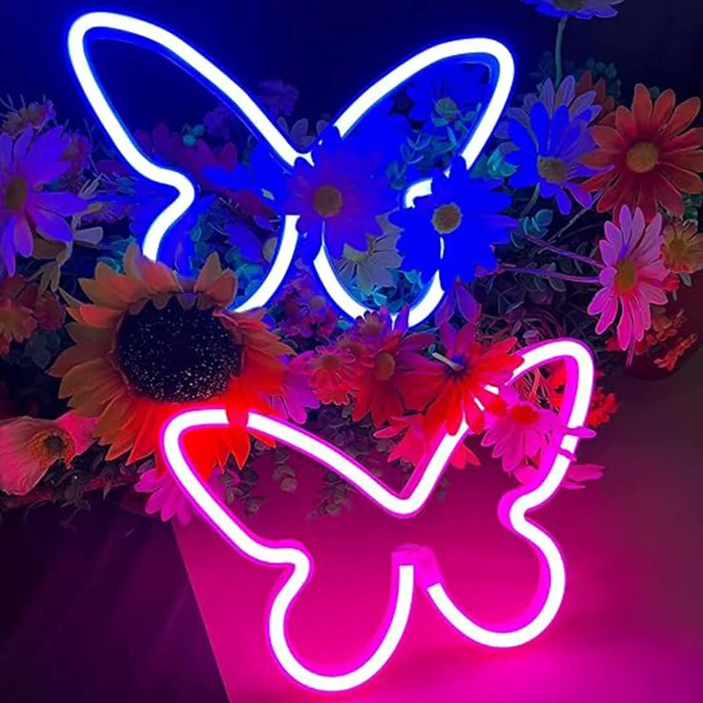 2 pezzi di luce al neon a LED Insegne al neon a farfalla Luci notturne per la casa per la camera da letto dei bambini Lampade decorative Arte della parete Regalo di compleanno di Natale romantico