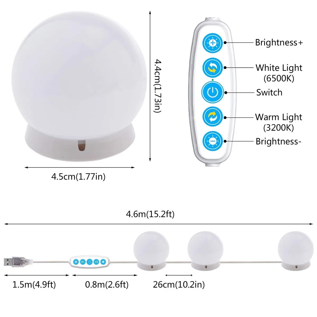 Luci da Specchio da Tavolo per Trucco, LED Stile Hollywood con 10 Lampadine Dimmerabili,5 Livelli di Luminosità e 3 Modalità Colore, con Porta USB,3200K-6500K