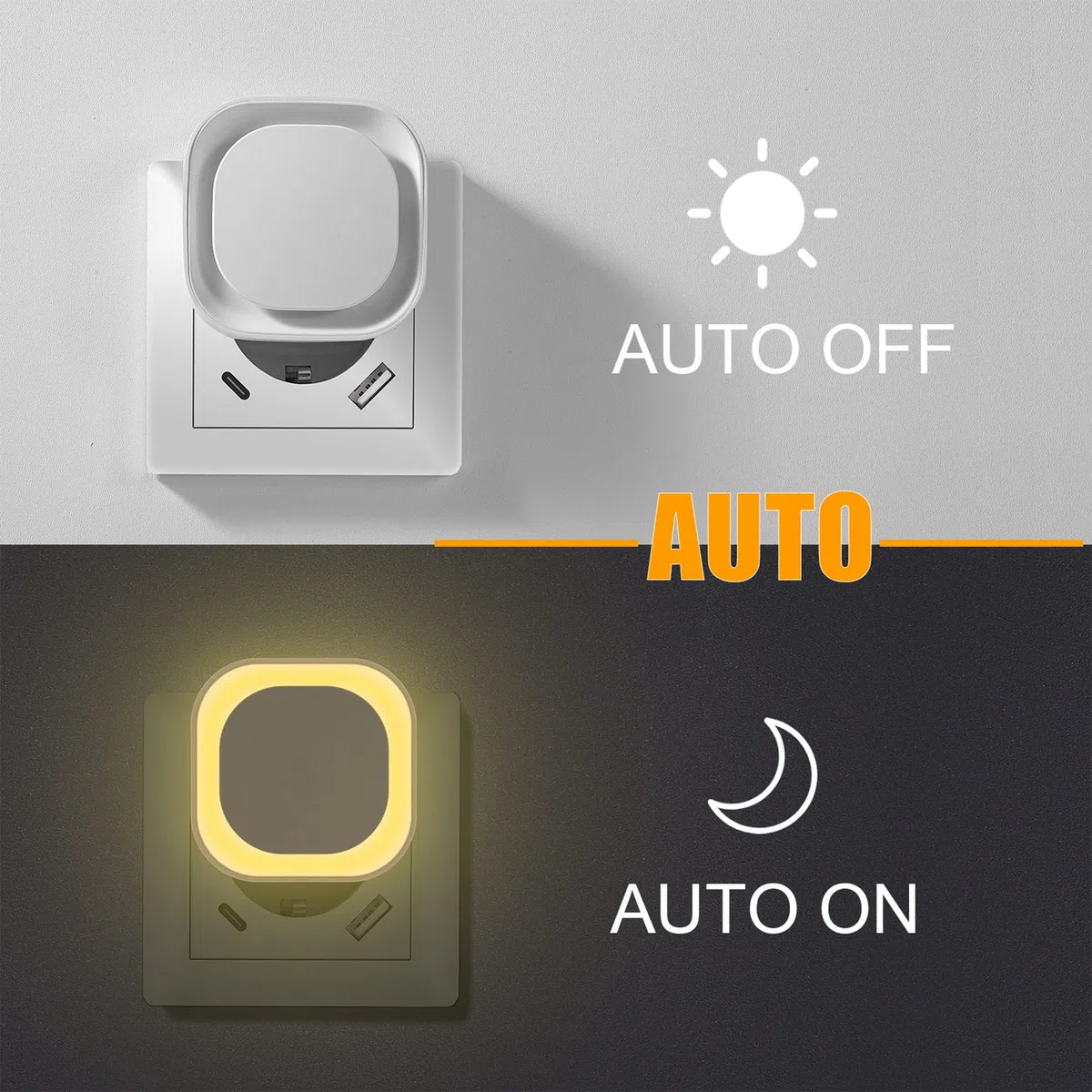 YUNLEX Presa di Luce Notturna con Sensore Crepuscolare, 3 livelli di luminosità regolabile per Camera dei Bambini, Bagno, Corridoio, Cucina, Scale, Bianco caldo