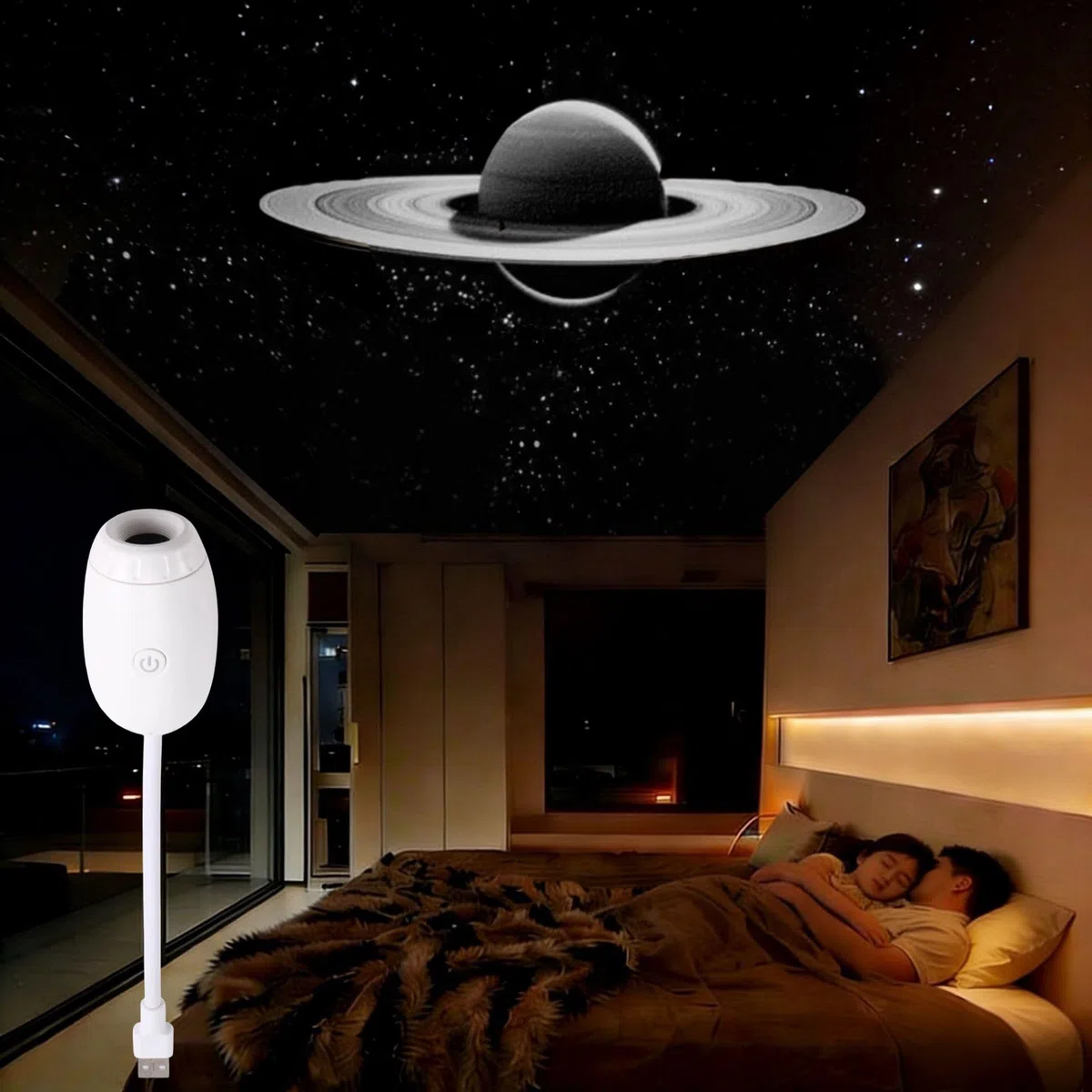 Galaxy Projector Night Light, USB Stars Space Starry Sky Projector Lamp LED Starlights Projection Portable Adjustable for Bedroom Car Roof Interior Ceiling (White-Saturn)