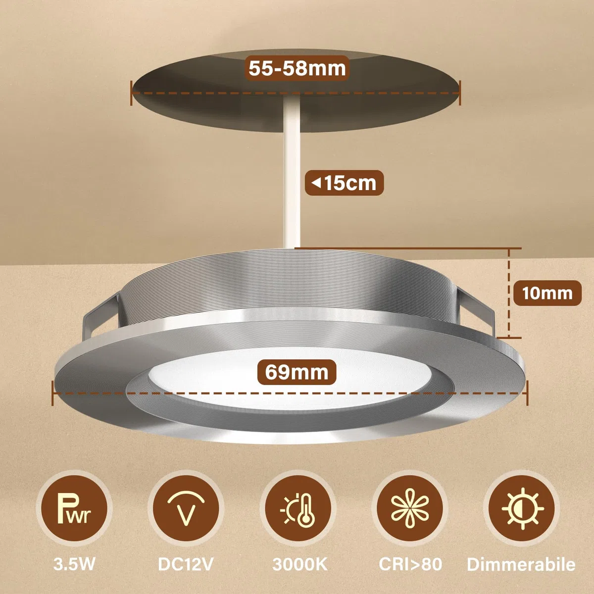Mini LED Spot da Incasso 12V 3.5W - Bianco Caldo 3000K per Mobili, Camper, Vetrine, Scaffali (Set di 3)