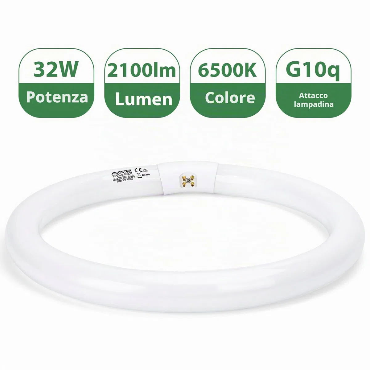 Aigostar - T9 Lampadina Fluorescente Attacco G10q, 32W 2100lm 30cm, Luce Bianca Fredda 6500K, Circolare, Vetro.