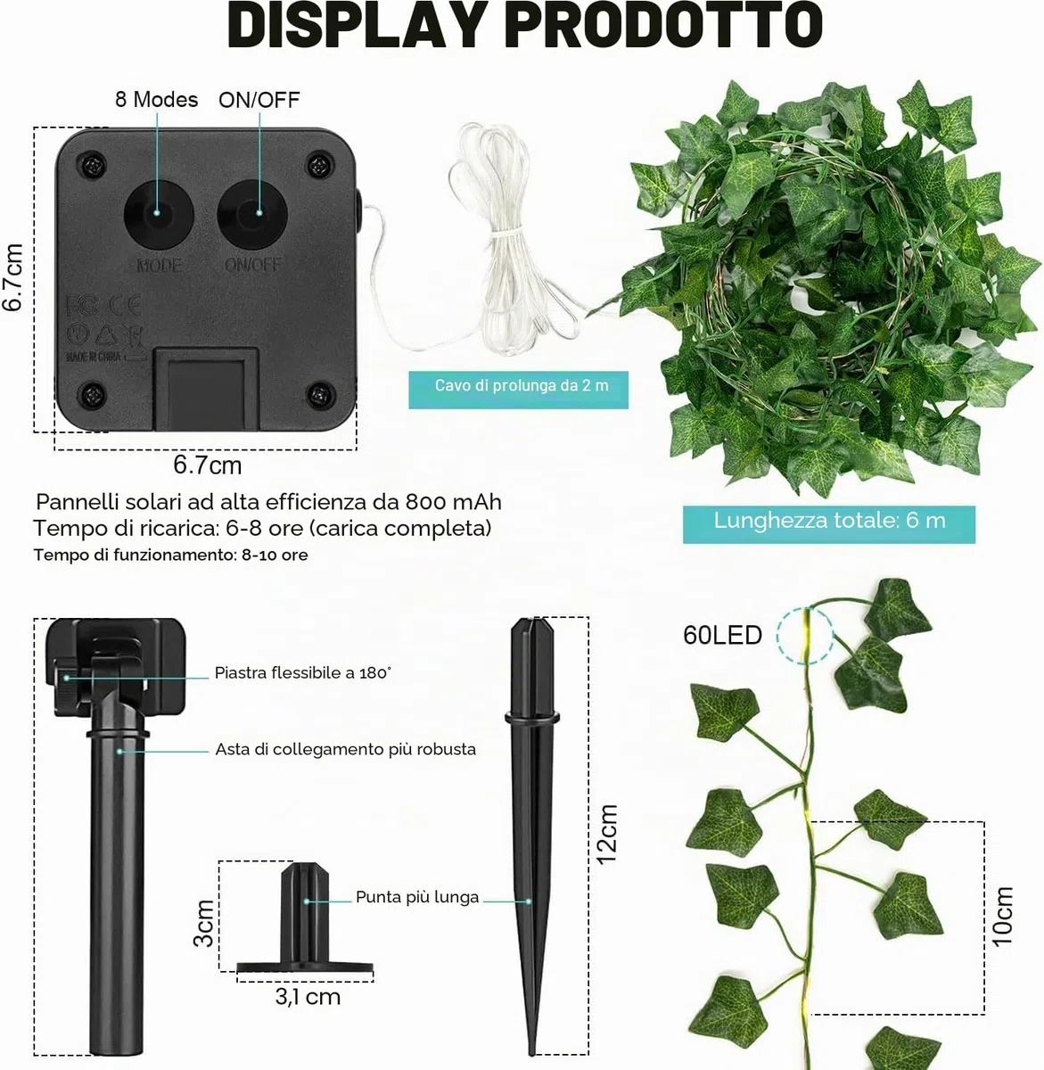 Bigzom Edera finta da esterno solare, 6M 60LED Edera artificiale, Catena luminosa solare da esterno con 8 modalità di illuminazione, Decorazioni per giardini, pareti e matrimoni