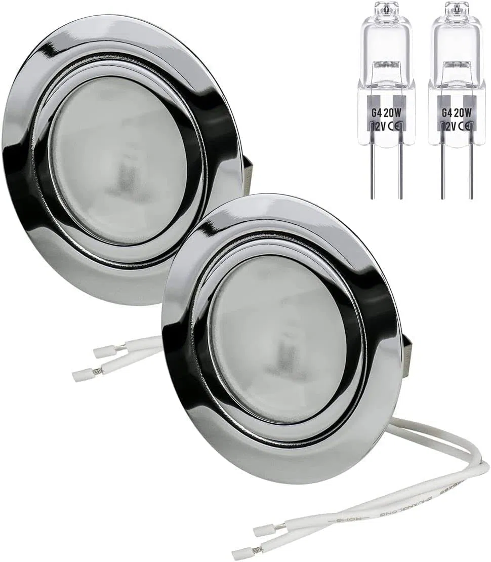 Set di 2 faretti con lampada alogena da incasso per mobili e cappa cucina cromato lucido, dimmerabili, con lampadina bispina 12 V 14 Watt resa da 20W, G4 cavo di collegamento 15 cm