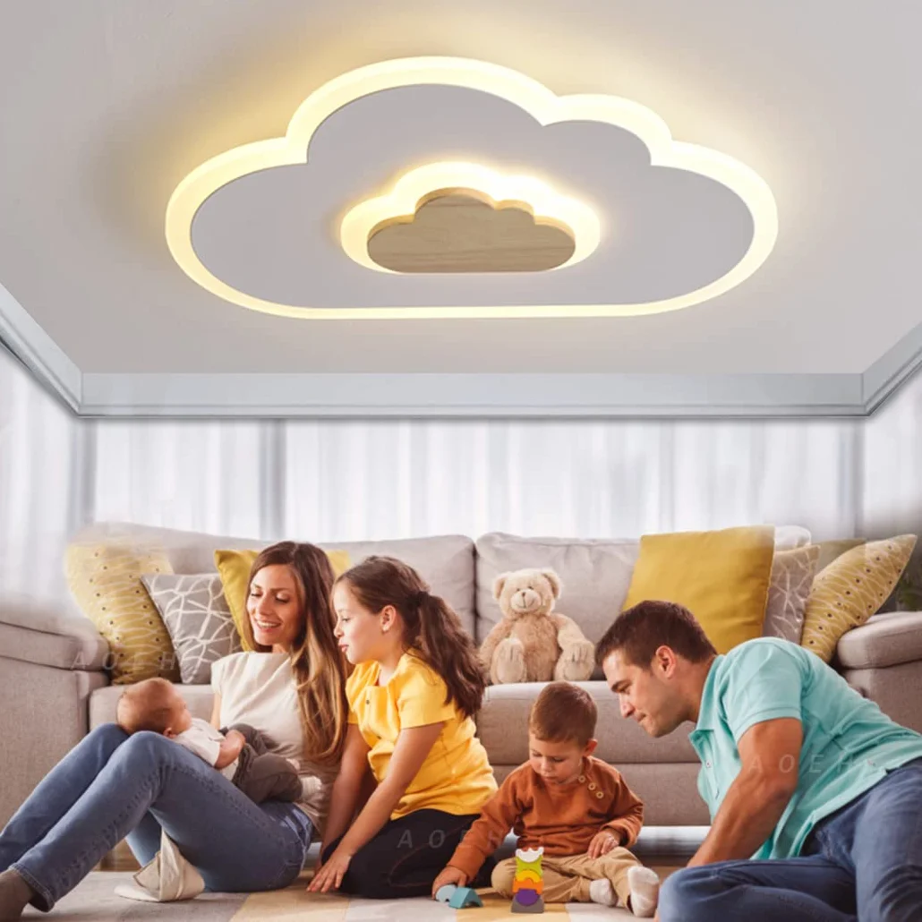 Plafoniera a LED lampada da soffitto creativo nuvole,con telecomando dimmerabile legno lampadario bambini 20W bianche moderne Plafoniera per soggiorno camera da letto camera dei bambini,40cm