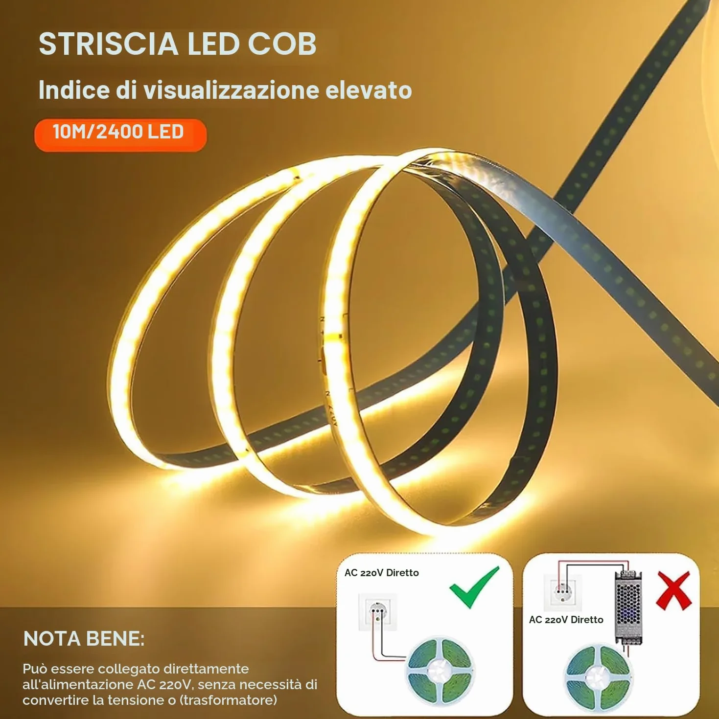 Striscia LED COB da 220 V, flessibile, Smart IC, senza necessità di driver, ad alta luminosità, 296 LED, illuminazione lineare RA90, 4000 K, bianco naturale, 10 m