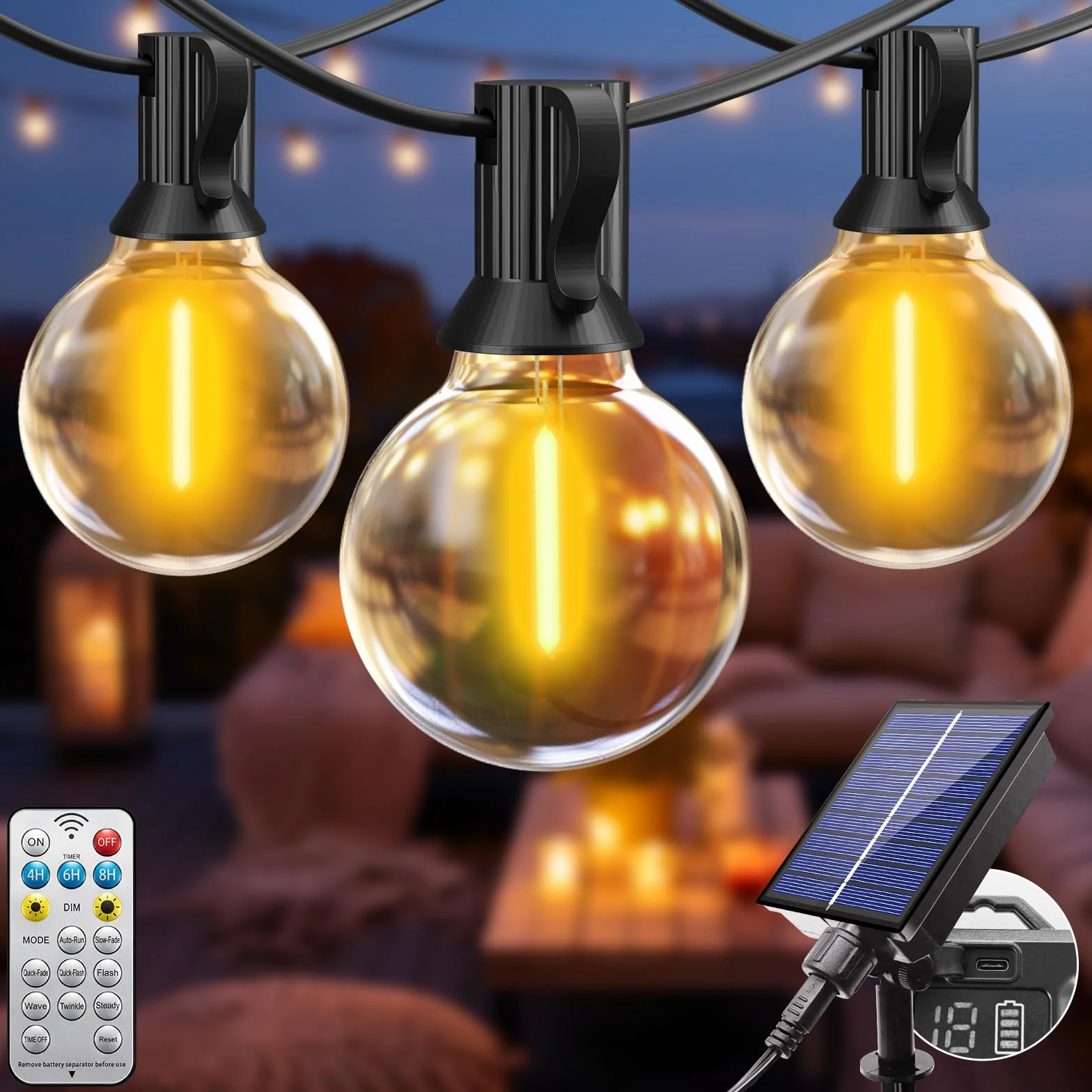 btfarm 5+3M Catena Luminosa Esterno Solare con Telecomando, Lampadine LED G40 Luci Solari da Giardino Impermeabile, 8 Modalità Lucine Esterno Energia Solare Dimmerabile per Gazebo Balcone