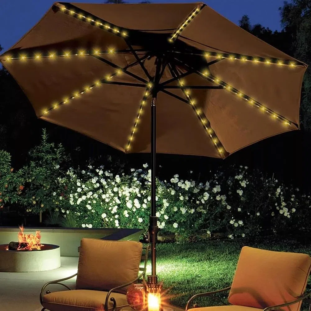 Luci per ombrellone, ad energia solare, impermeabili, per esterni, patio, 8 modalità, 104 LED, per giardino, patio, campeggio, tenda, decorazione per feste (bianco caldo)