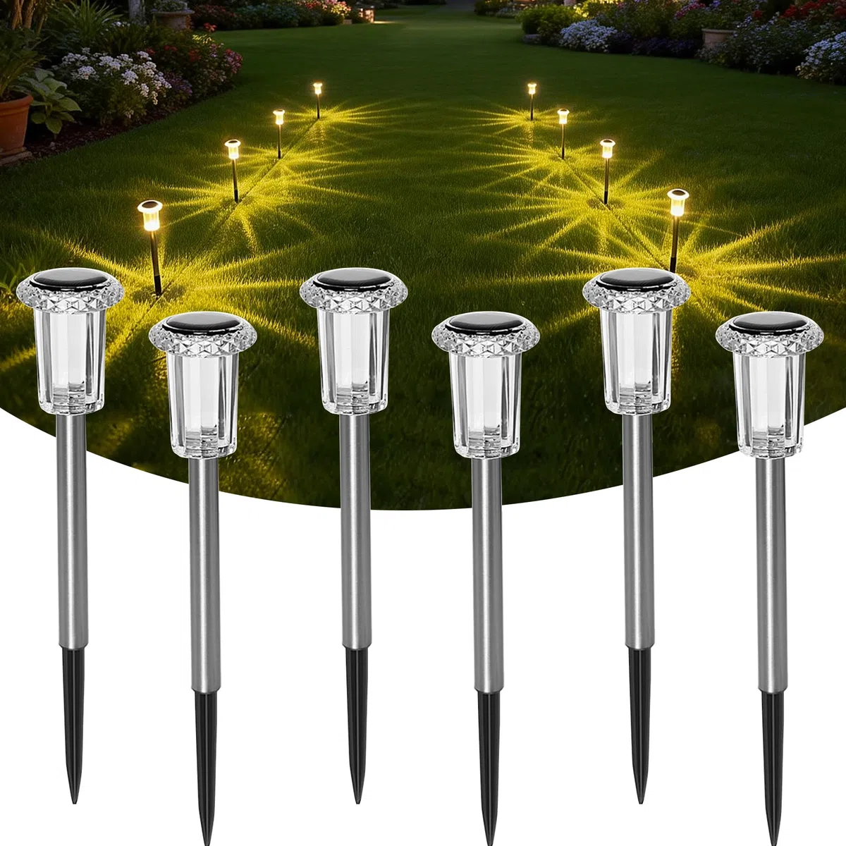 Luci Solari da Giardino a LED–Lampade Solari da Esterno (Set da 6)–Illuminazione Solare da Giardino Bianco Caldo–Decorazione Solare da Giardino Impermeabile IP44 per Prati, Ambienti Esterni e Giardini