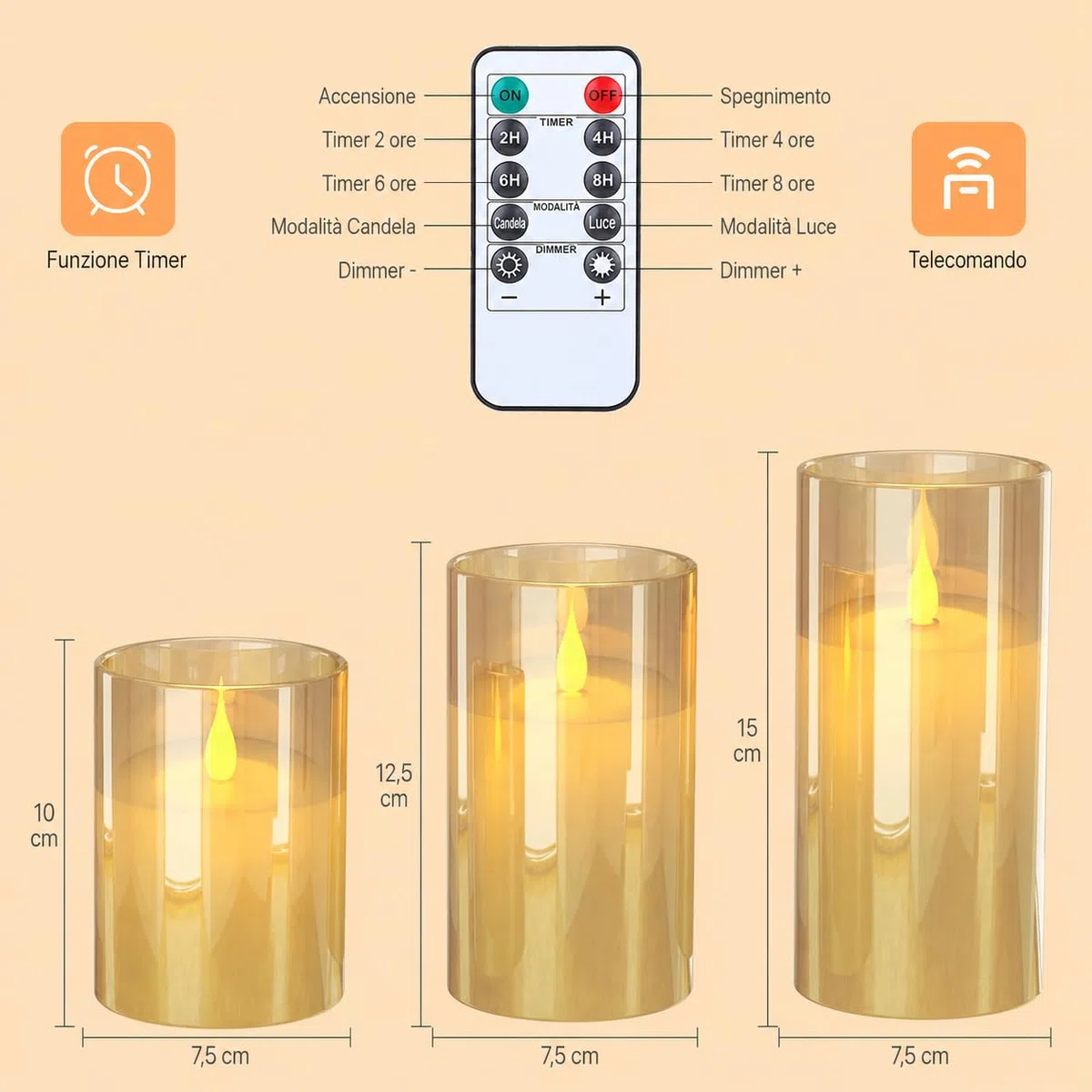 Generico Candele LED Ricaricabili Senza Fiamma in Vetro Giallo, Set 3 Pezzi con Telecomando, Timer 2/4/6/8H e Base di Ricarica USB, Effetto Fiamma Realistico per Casa e Decorazioni