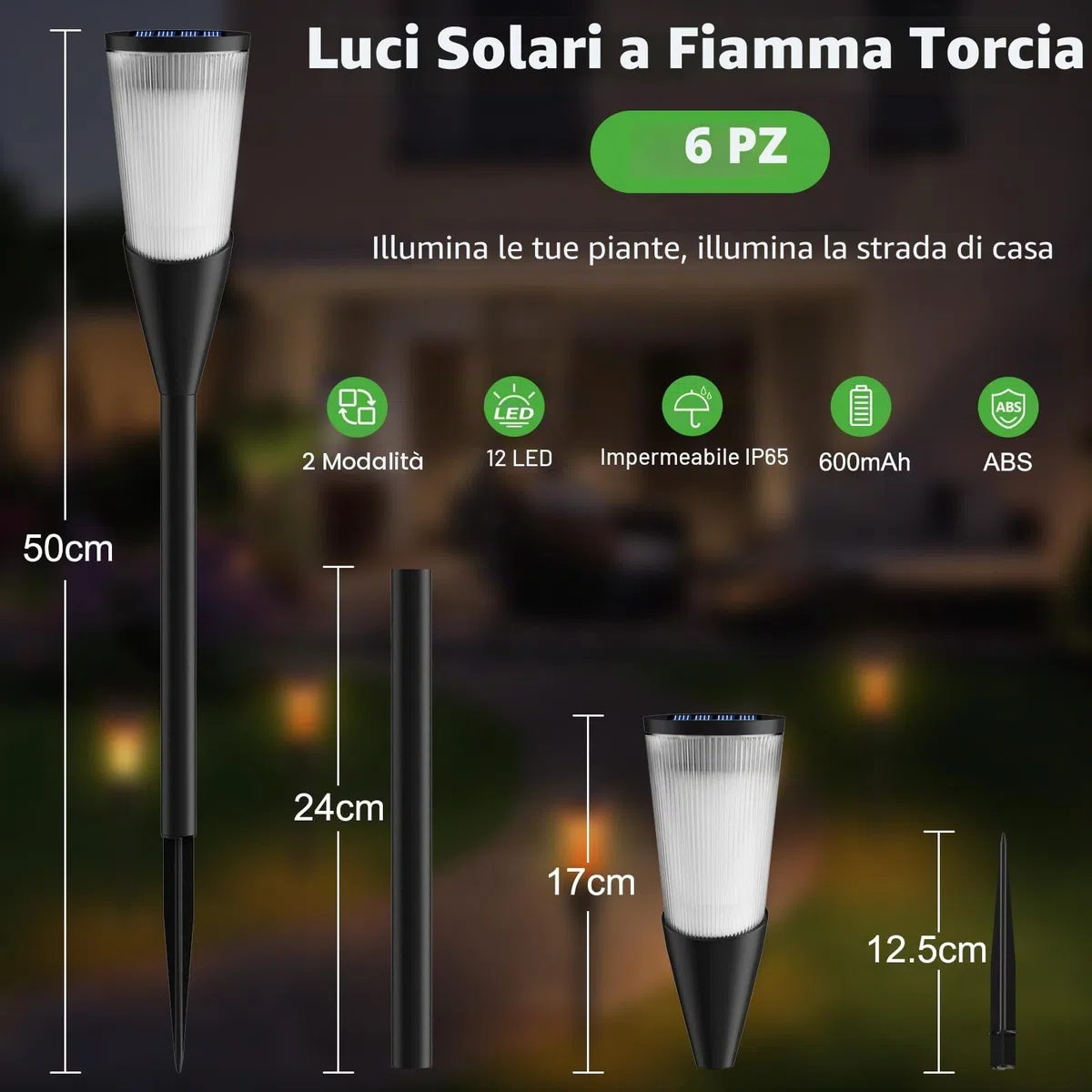 FIFlying Lampade Solari da Giardino, 6 Pezzi 12 LED Fiamma Luci Solari Esterno IP65 Impermeabile, 2 Modalità Solare Torcia Luce con Effetto Fiamma per Giardino, Cortile, Vialetto, Prato, Patio