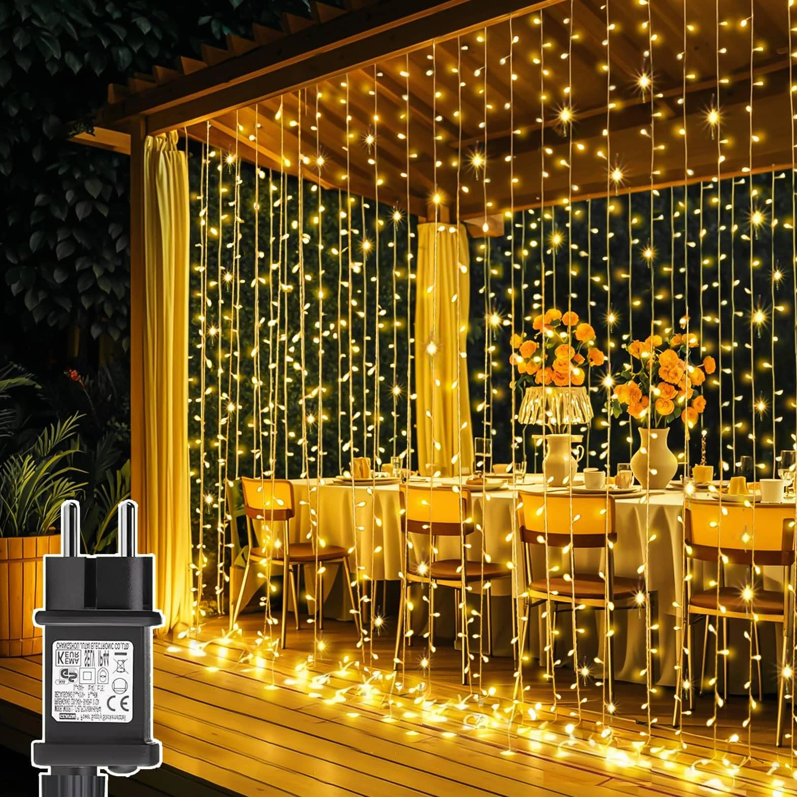 Joycome Tenda Luminosa Natale 300 LED 3x3m Luci Natale con Spina, Timer, 8 Modalità Addobbi Natalizi per La Casa Impermeabile Cascata Luci per Finestra Balcone Festa Interno Esterno Decorazioni