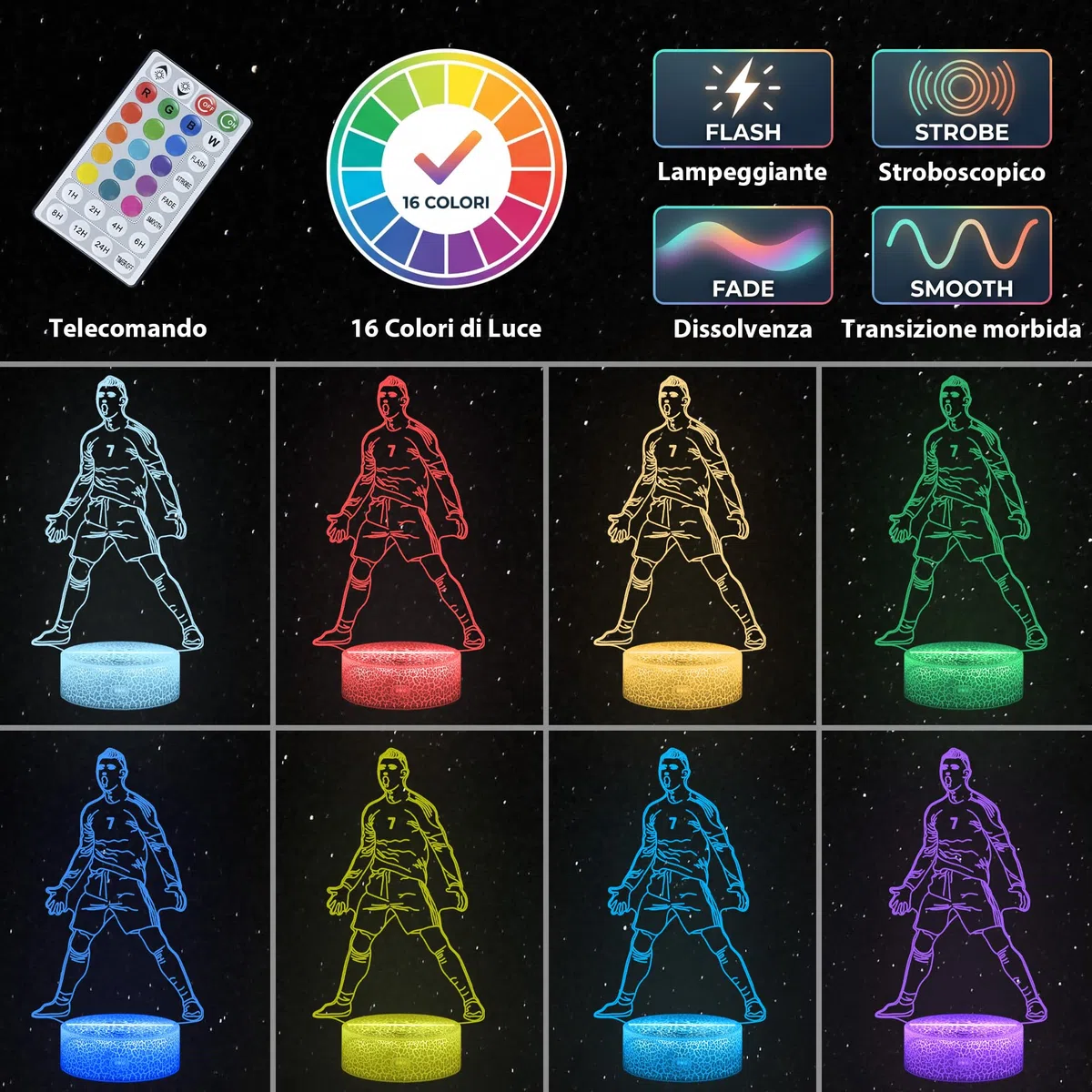 3D Illsuion Luce Notturna Calciatore n.7, Lampada da Calcio 16 Colori che Cambia Dimmerabile con Telecomando, Calcio de Regalo per Bambini Adolescenti Uomo