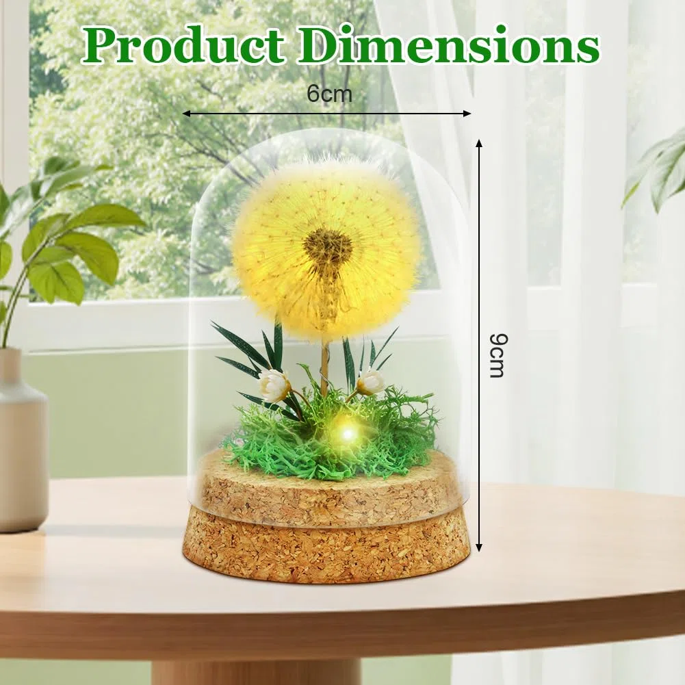 Vero Dente di Leone in Vetro, Regali Decorativi in Vetro con Catena Luminosa a LED, Conservato in Modo Permanente, Fiore Soffione Regali per Compleanno, Matrimonio, Natale, per Mamma, Amica