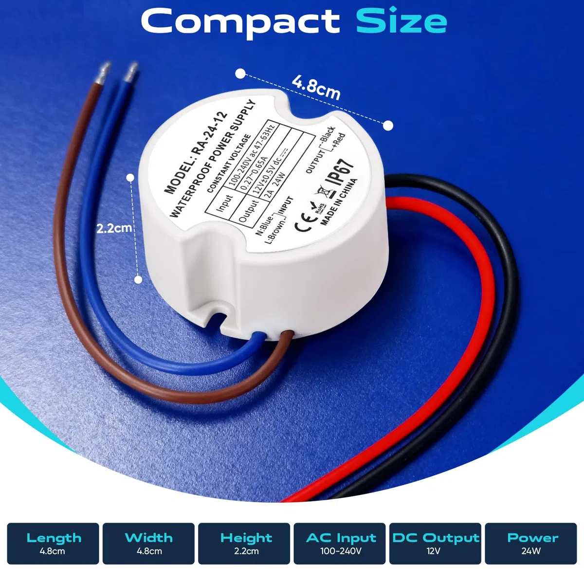 Trasformatore LED 220V a 12V DC 24W 2A, IP67 Alimentatore Rotondo Ø48mm con 2 Connettori per LED Interno ed Esterno
