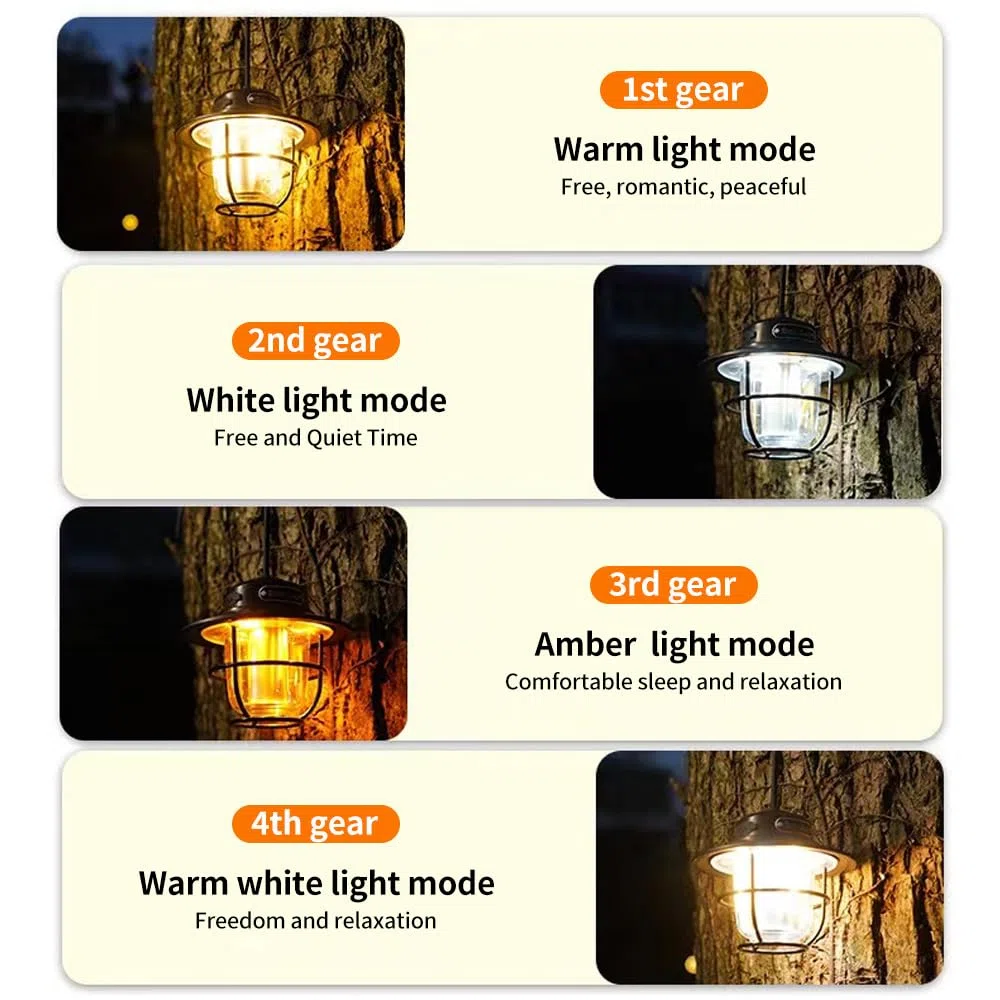 Luce di campeggio esterna ricaricabile LED, Mini luce di emergenza portatile della tenda, Nuovo Cavallo Lampada a 4 velocità Modalità bianca e calda luci, ambra e luci bianca calda.