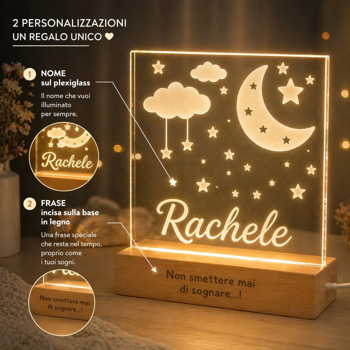 SBUGATTA |Lampada Personalizzata Con Nome |Lampada Notturna Bambino Bambina Neonato |Luce Notturna Personalizzata Bambini |Regalo Battesimo Bimbo Bimba|Regalo Nascita Bimbo Bimba (Luna-Nuvole)