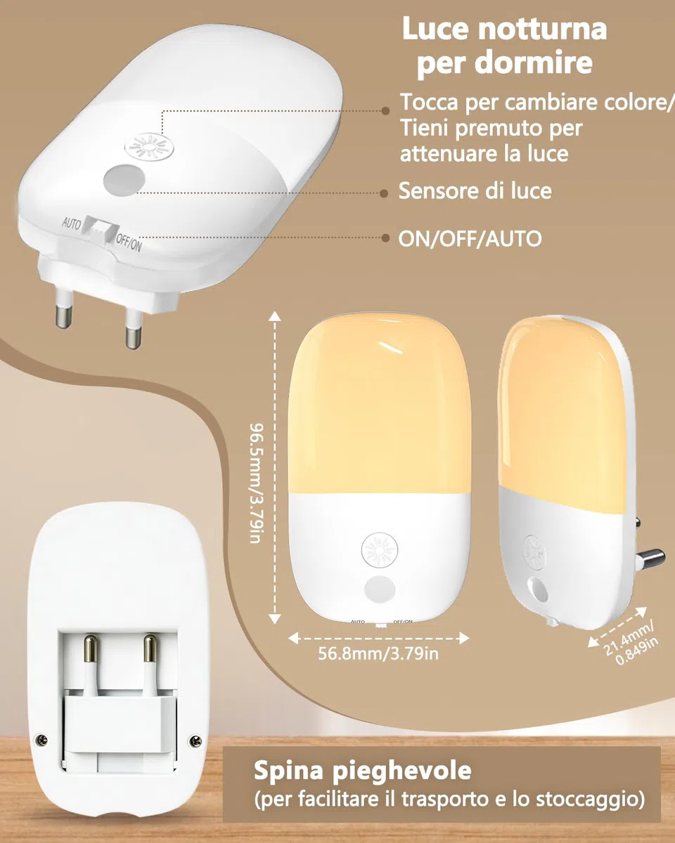 Luce Rossa Notturna Neonato 670nm & 2500K Ambra, Luce per Dormire con Sensore Crepuscolare, Luce Notturna da Presa Dimmabile Auto On/Off per Bambini, Camera, Bagno, 2 Pezzi