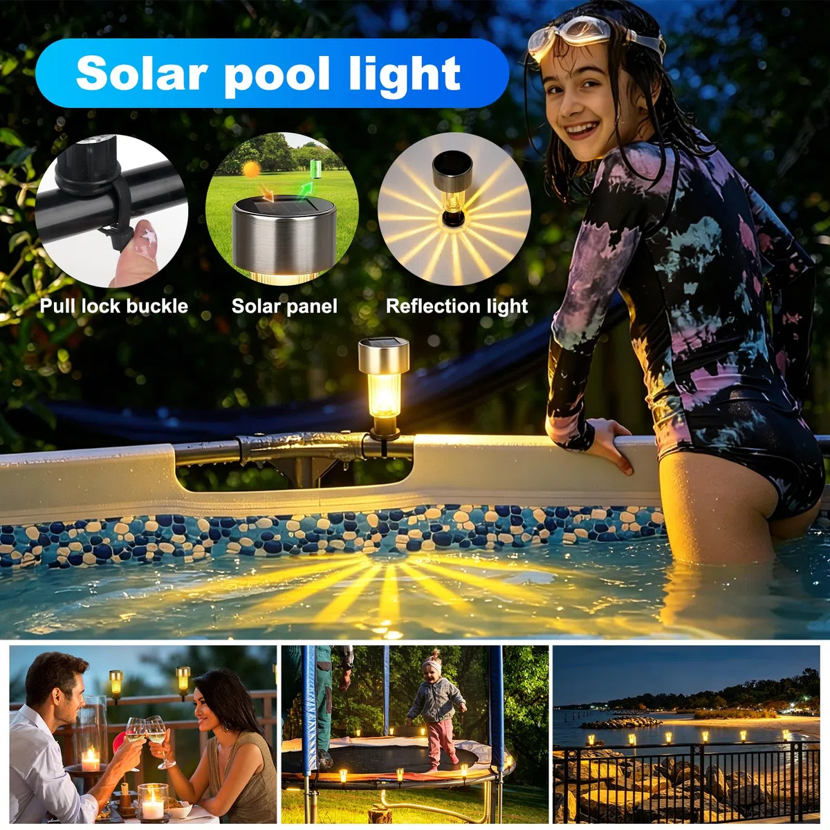 8 Pezzi Luce Solare per Piscina con Cornice, Luci Laterali della Piscina Solare, Illuminazione Solare per Laghetti, Impermeabilità IP44, per Giardino, Scale, Recinzione, Cortile, Terrazza