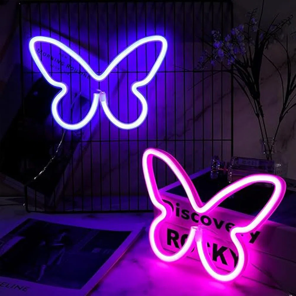 2 pezzi di luce al neon a LED Insegne al neon a farfalla Luci notturne per la casa per la camera da letto dei bambini Lampade decorative Arte della parete Regalo di compleanno di Natale romantico