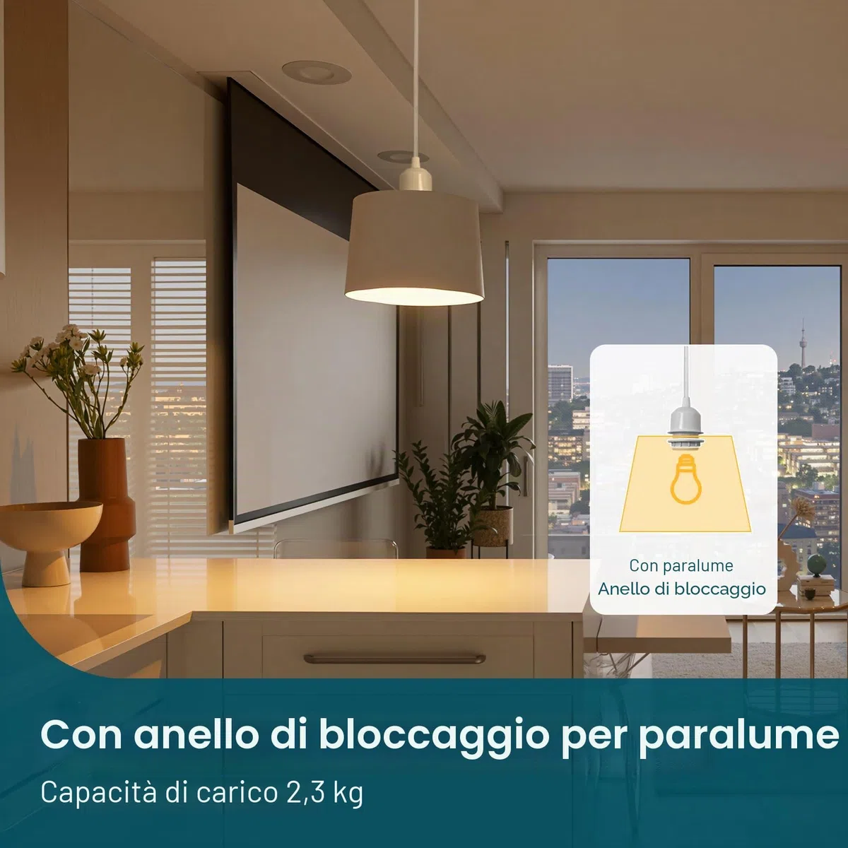 Linkind Portalampada E27 in Metallo, Lampada a Sospensione con Cavo(100CM Altezza Massima Regolabile) e Anello Filettato, Portalampada Compatibile con Paralume(Bianco)