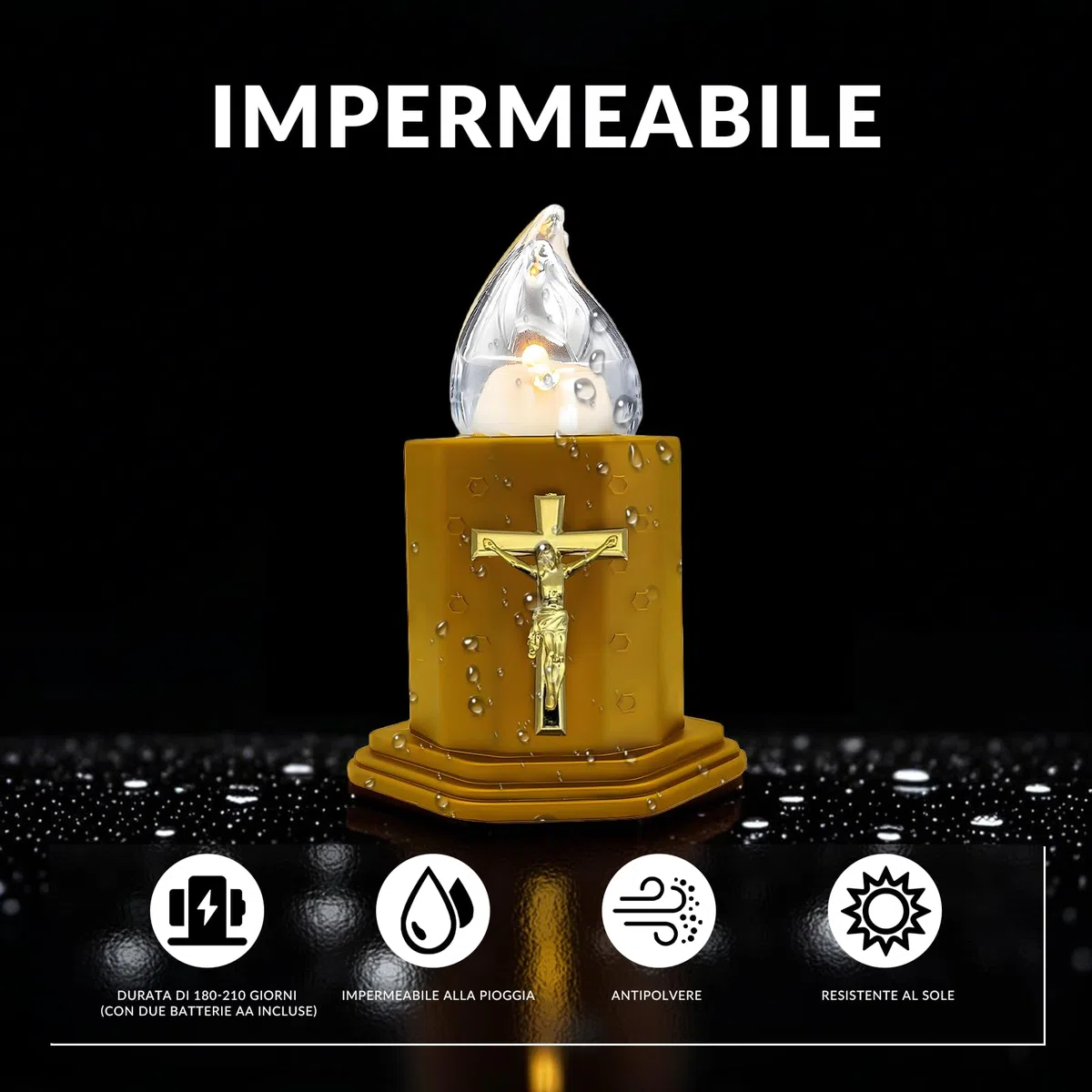 Candele a LED per cimiteri e chiese candele a batteria con effetti fiamma oscillante resiste pioggia sole durata 210 giorni (ORO)