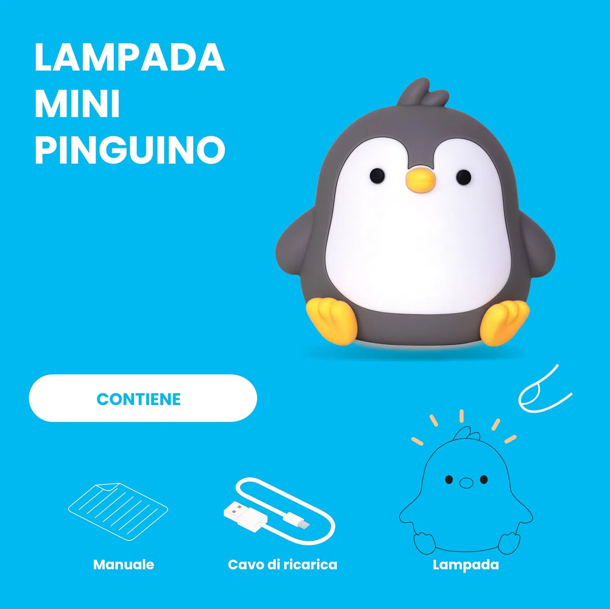 Lampada in silicone feel at home, Pinguino, Luci rgb, 7 diverse colorazioni, Pack personalizzato, Bambini e adulti, Idea regalo